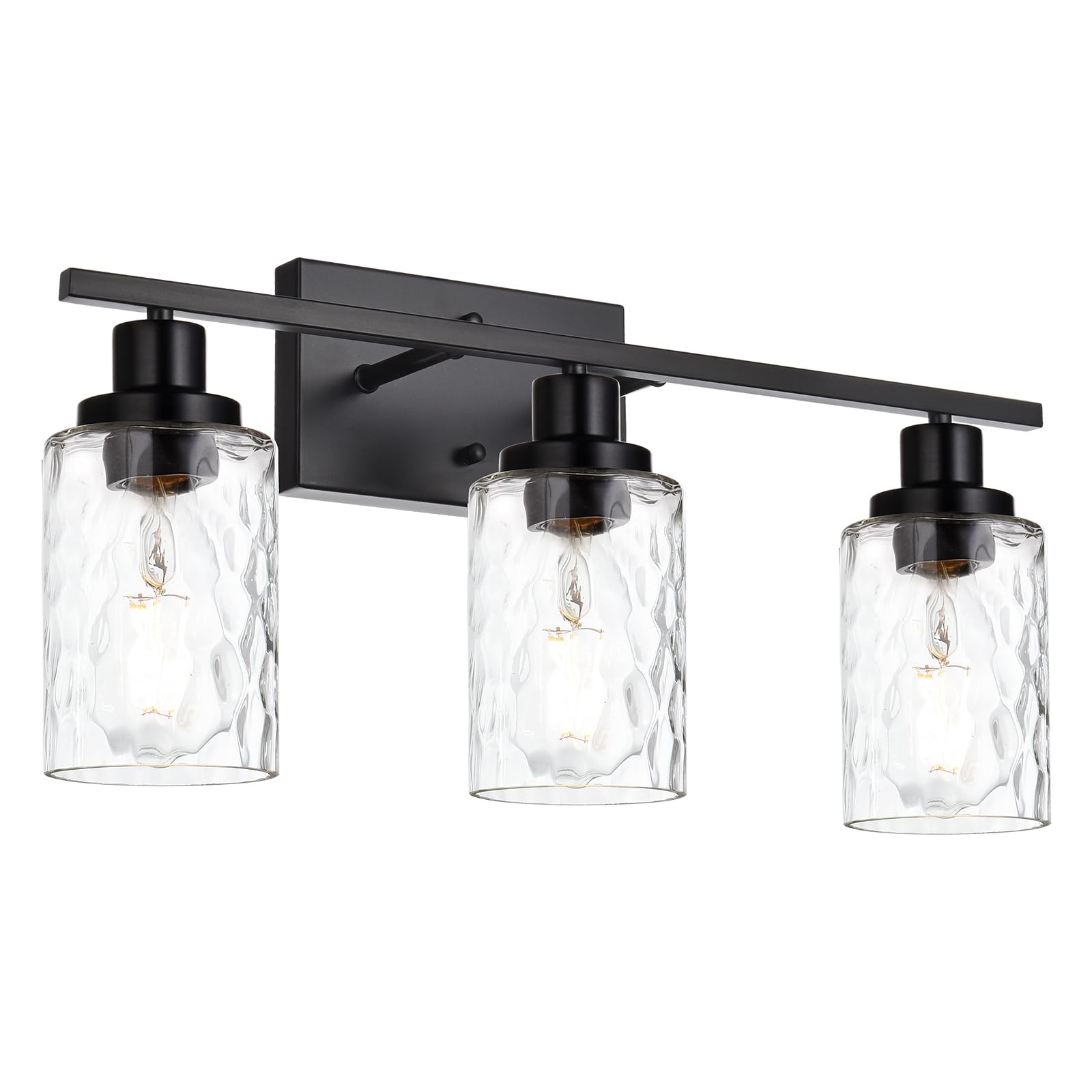 MELUCEE 3-Light Bathroom Vanity Light Fixture, Black Finish, Hammered Glass, Model 450-6W-SN