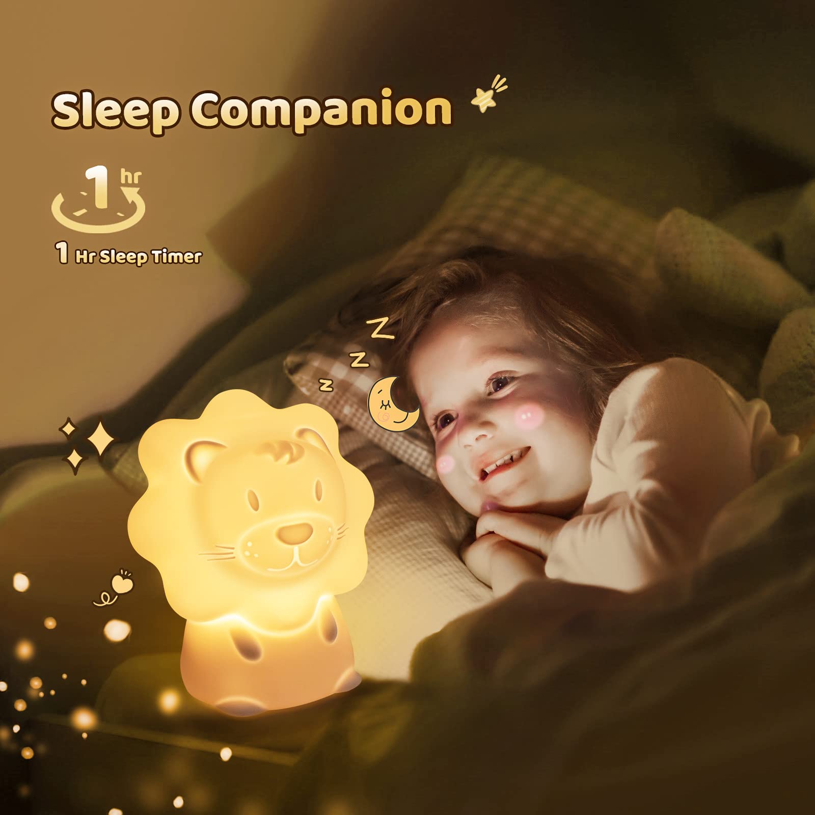 JADENS Cute Night Light for Kids - Paint Free Silicone Lion LED Nightlight, Nursery Lamp with Timer, for Toddler, Baby, Girls, B