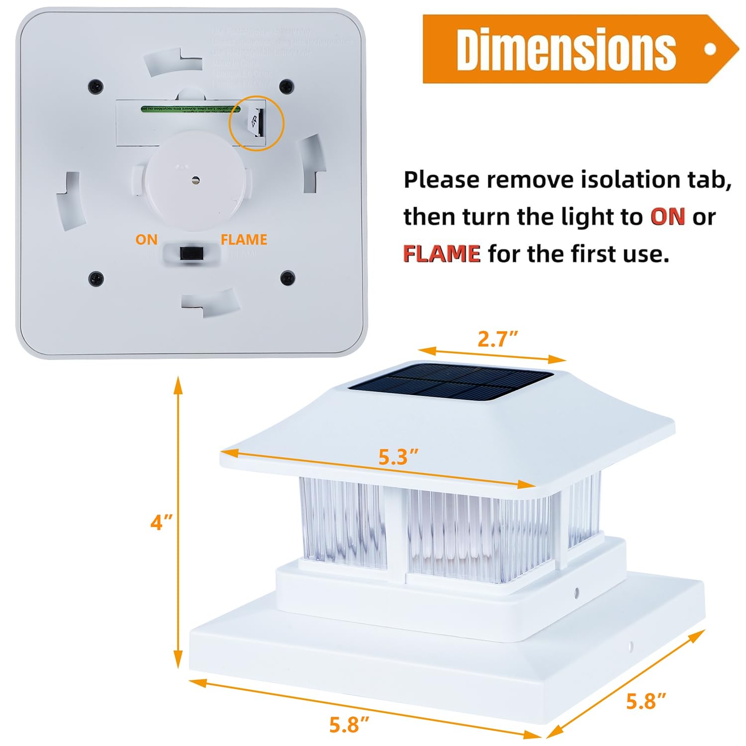 Dynaming Solar Flame Post Cap Lights, Waterproof LED for 4x4, 5x5, 6x6 Posts, White, Model B23556-8, 8 Pack