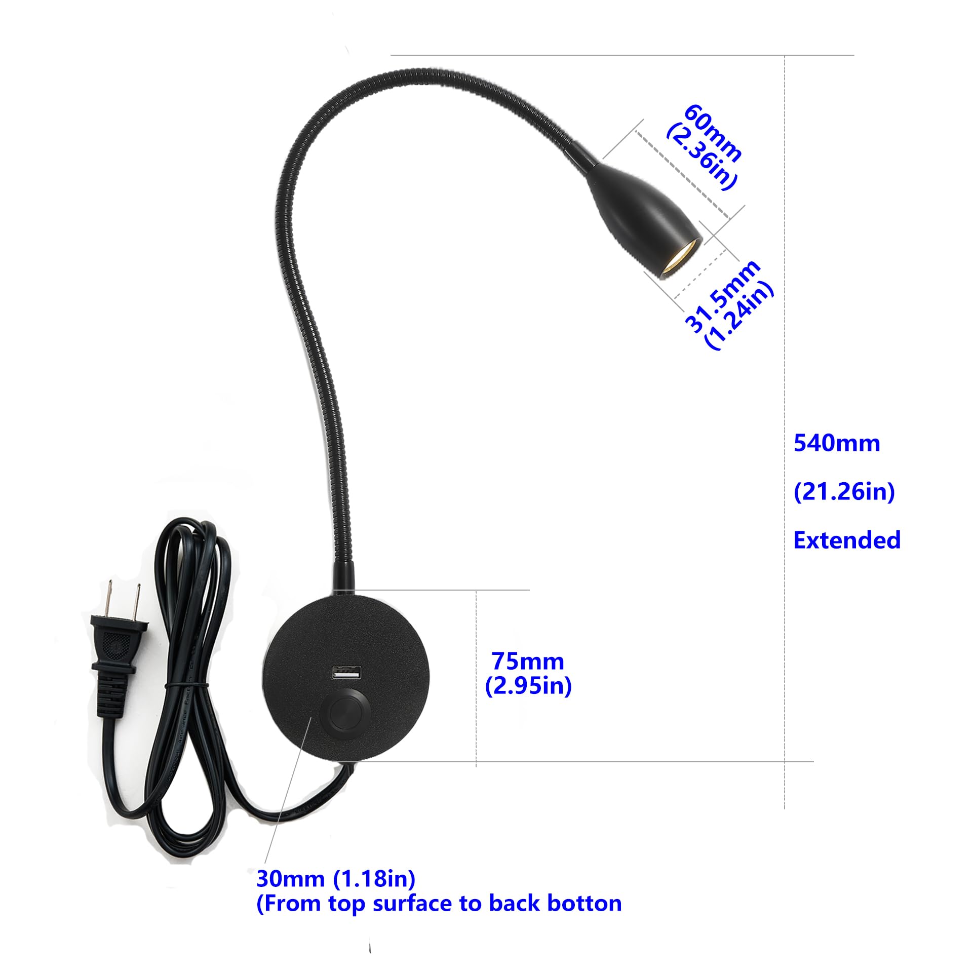 Crisetek Reading Light Wall Mounted Reading Light Headboard Touch Switch Dimmable Reading Lamp Task Directional Led Gooseneck Light Ac (120V) Powered 3W (Matte Black, Warm White)