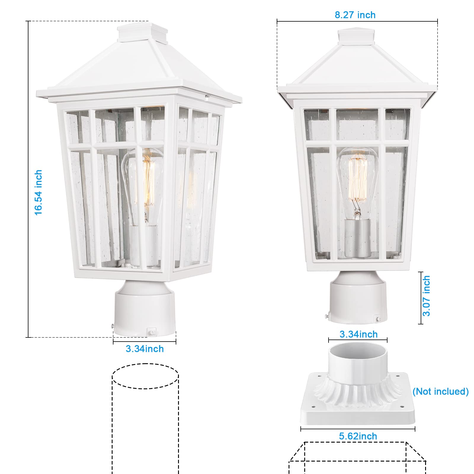 Darkaway Large Waterproof Aluminum Post Light Fixture With Glass For Garden, Patio, Pathway - White
