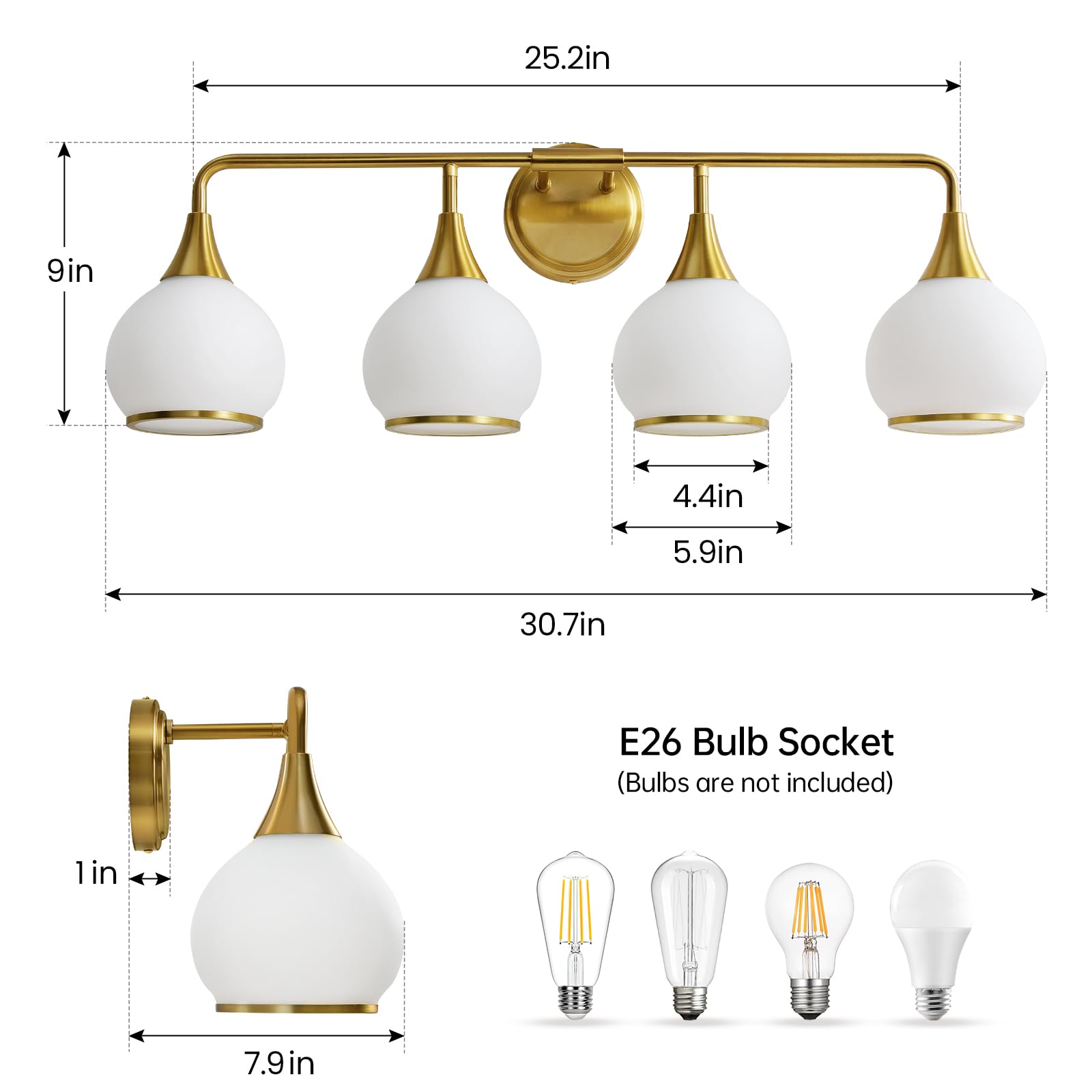 HAHZT Brass Gold Bathroom Light Fixtures, 4-Light Vanity Lights, Milky White Frosted Glass Shade, Model 8033ML, 30.7 Inch Wall Sconce