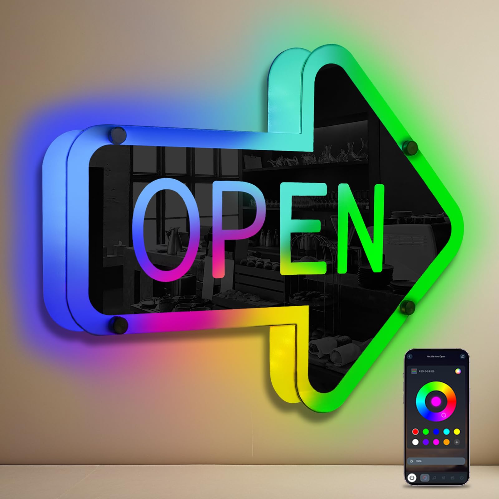 ineonlife Open Neon Sign LED Arrow Light for Business Decor 14.57 x 11.42 inches Mirrored Colorful