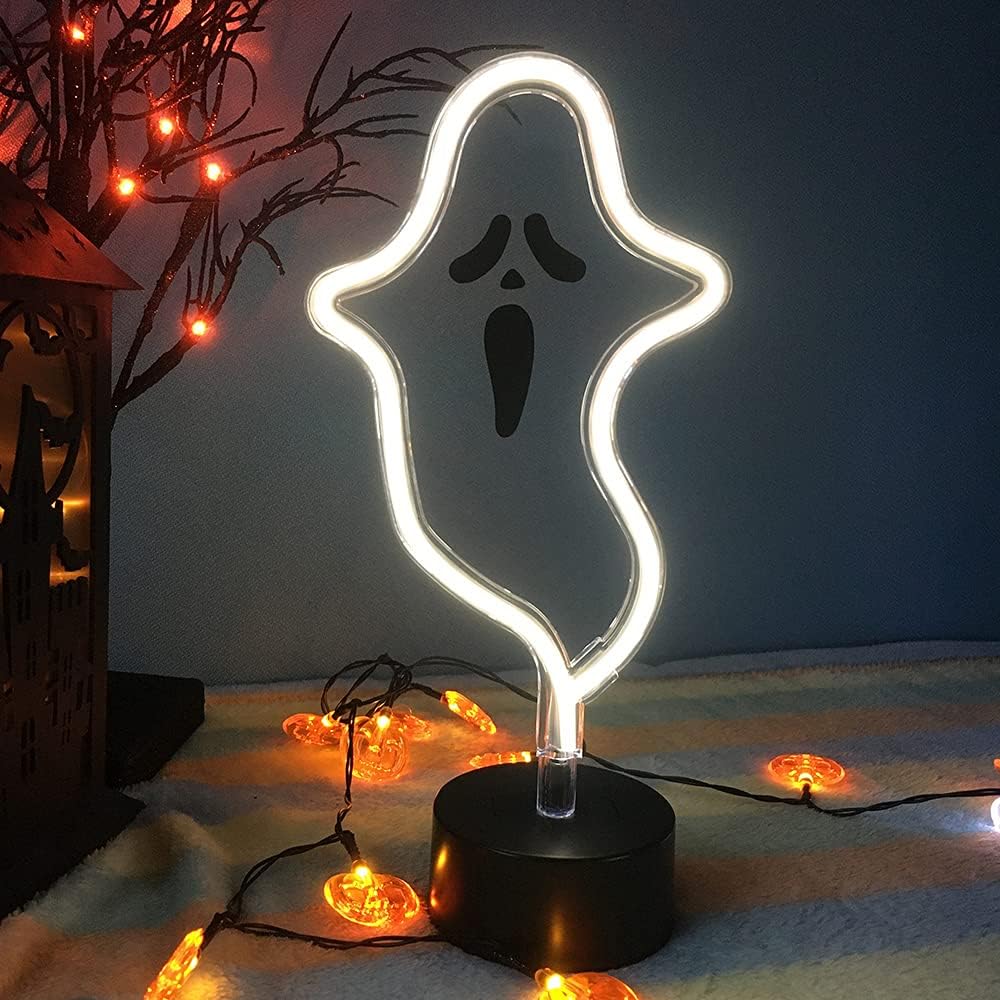 Halloween D  cor Cute Ghost Neon Sign, Spooky White Ghost Table Decor, USB or Battery Powered Halloween Neon Light for Bedoom,Ki