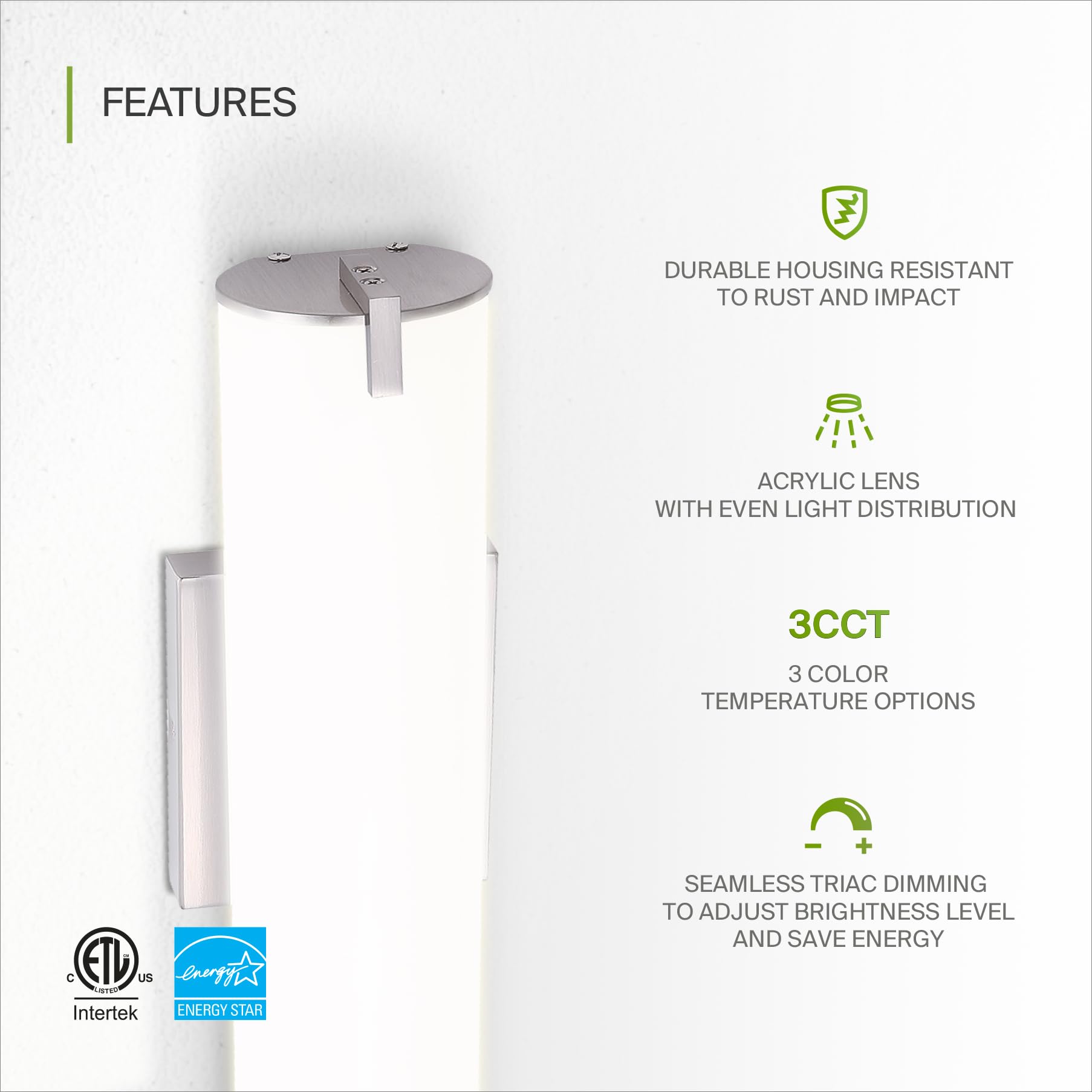 ASD LED Wall Mount Vanity Lighting Fixture 20W 1500LM 3000K-5000K 18 Inch Brushed Nickel Model A-LVF22-18D20CCNK