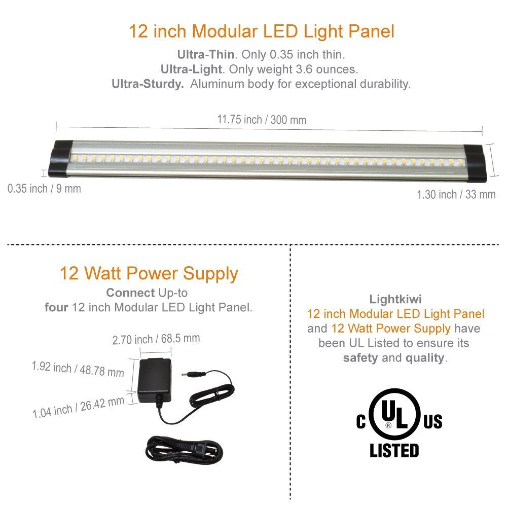 Lightkiwi Dimmable LED Under Cabinet Lighting Kit, 4 Panels, 12 Inches, Warm White 3000K, Aluminum, Model E7574