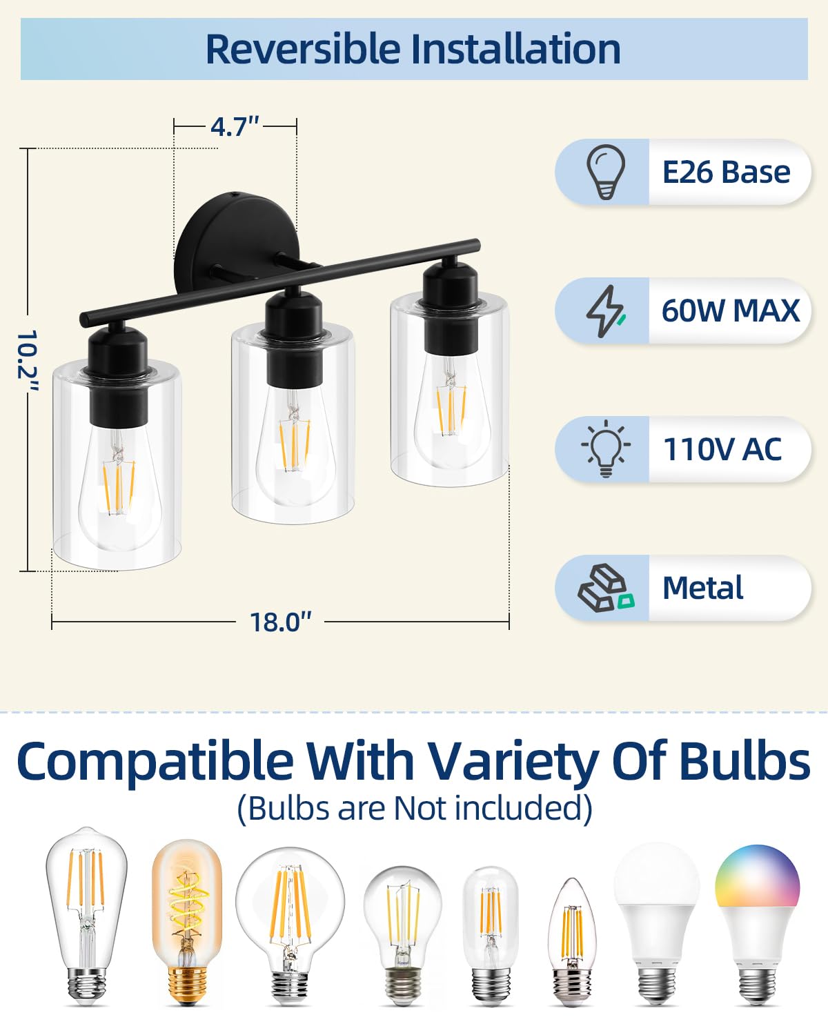 Seable 3-Light Matte Black Bathroom Vanity Light Fixtures With Glass Shade - 2 Pack