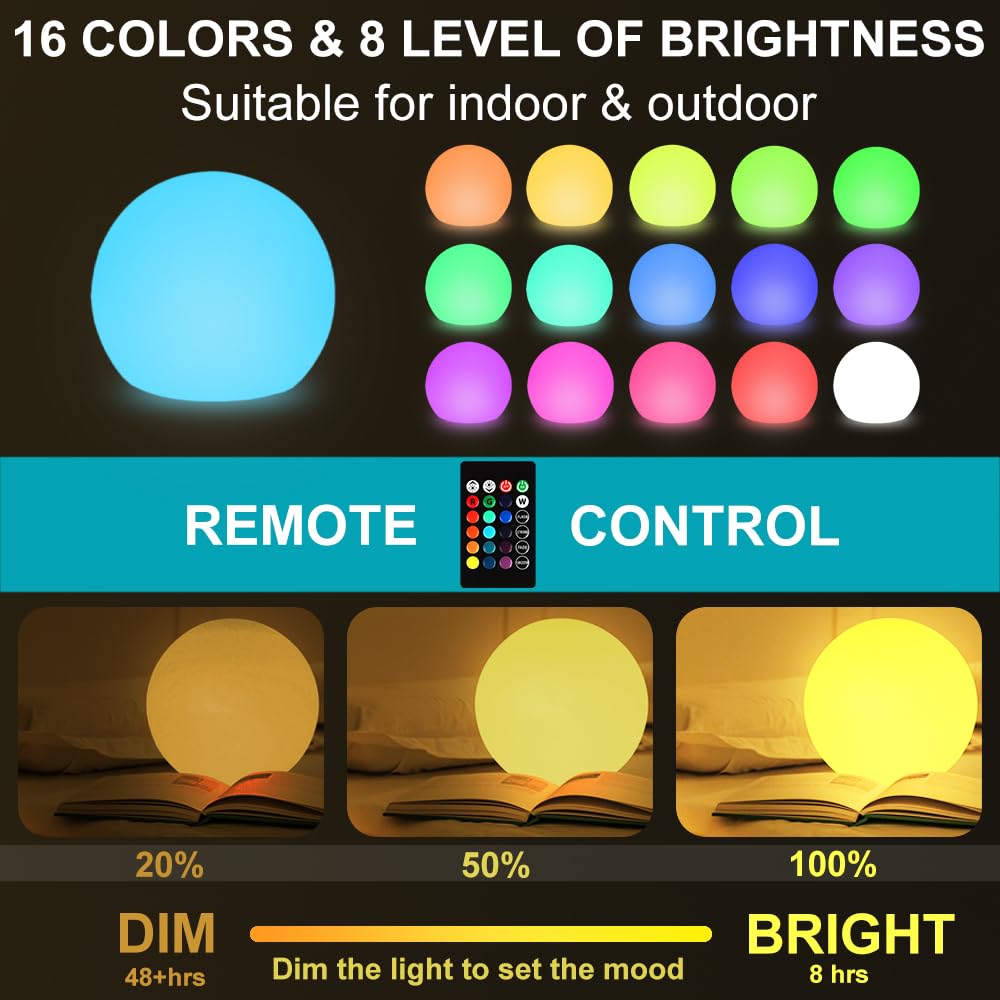 10-In Glowing Led Ball Light, Dimmable 16 Rgb Color 4 Mode Glowing Orb Lights W/Remote, Rechargeable Light Up Ball Orb Lamp, Wat