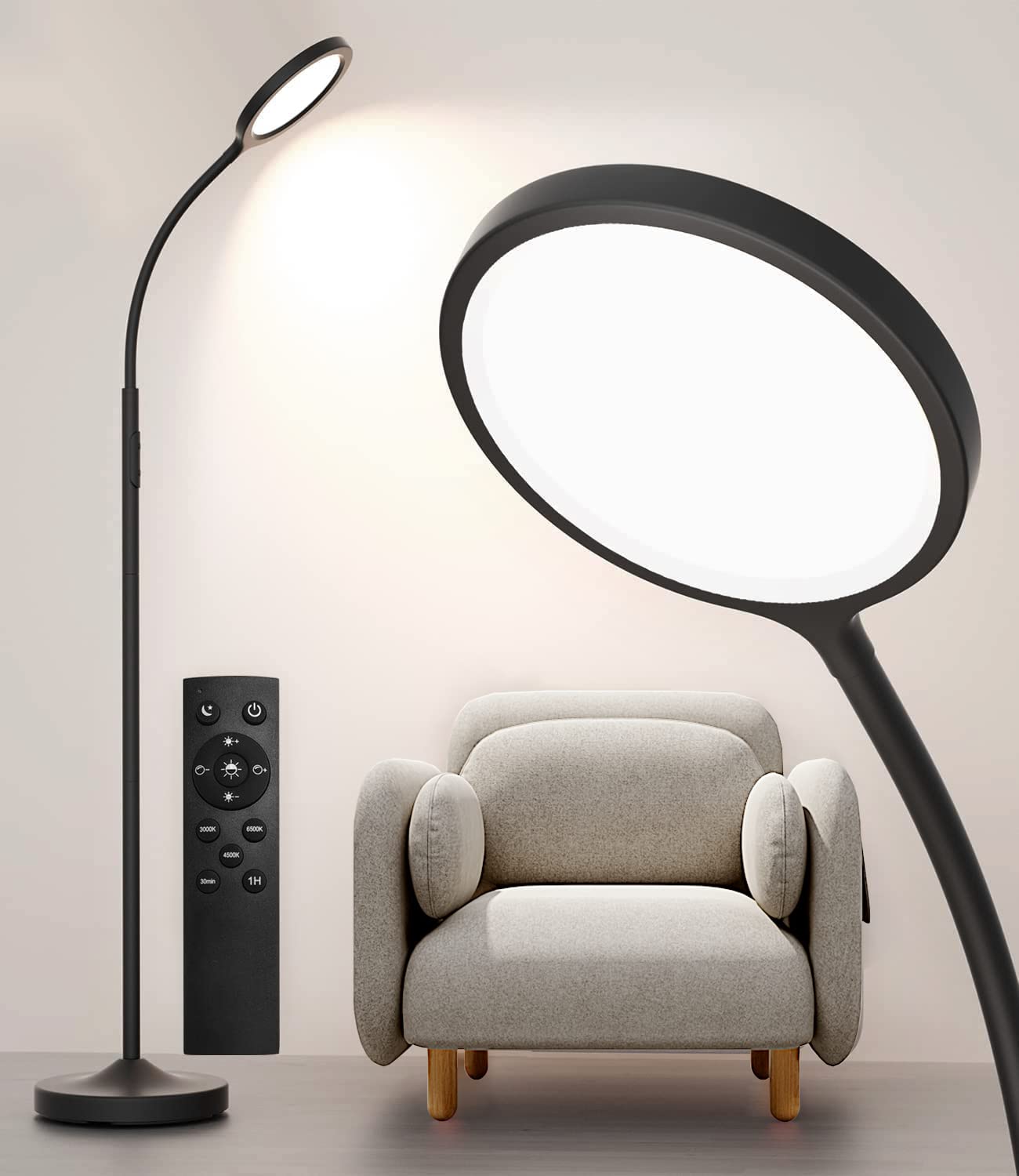 Luckystyle Floor Lamp,Super Bright Dimmable Led Lamps For Living Room, Custom Color Temperature Standing Lamp With Remote Push B