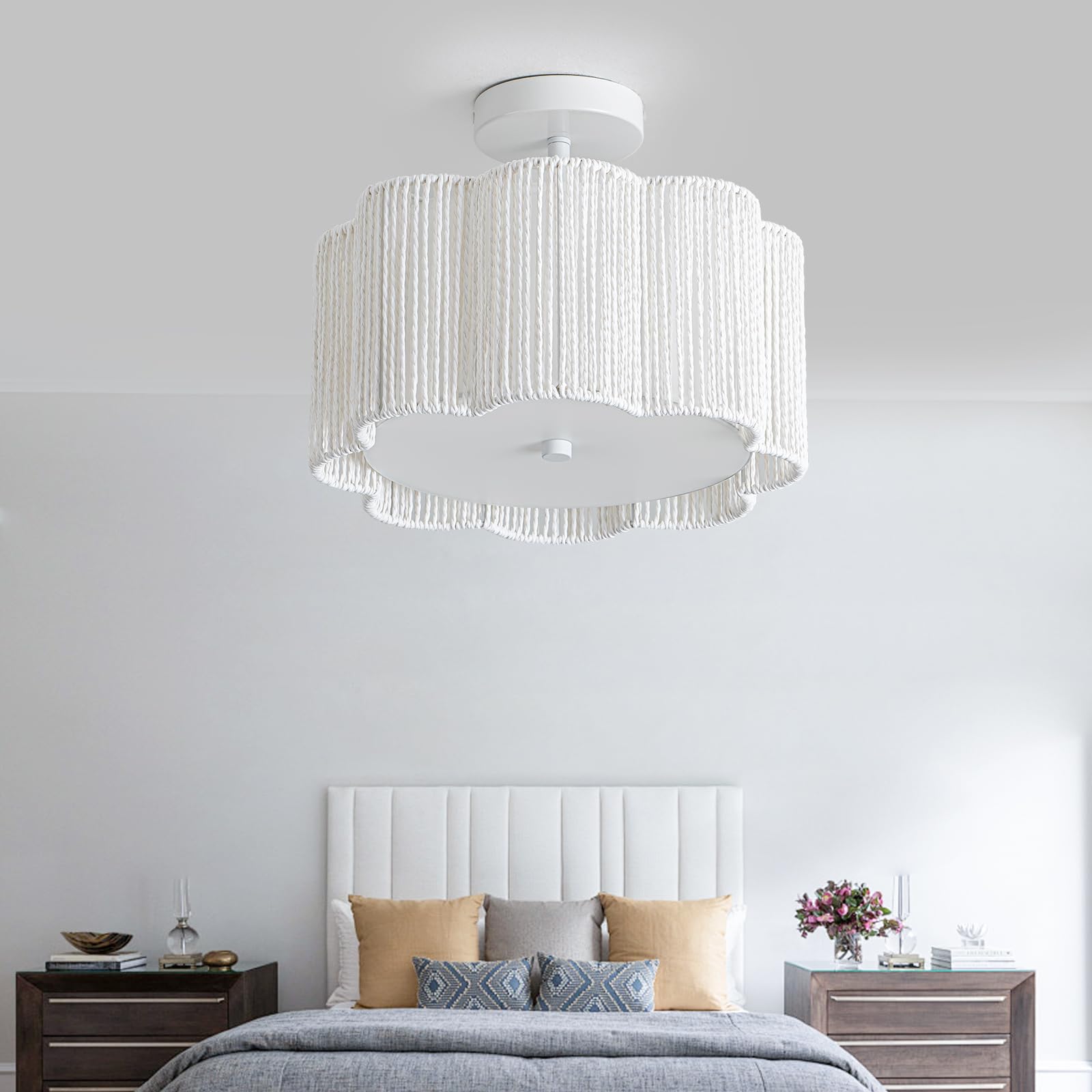 Tbaoinla Boho Light Fixture & Rattan Ceiling Light - Snow Blossom Flush Mount With Desert Moon Textures, White Woven Design For