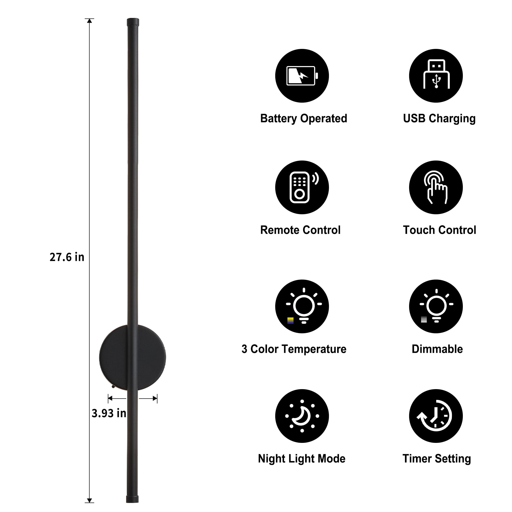 KARTOOSH Battery Operated Wall Sconces Set of 2, Dimmable LED, 27.6 Inch, Black, Remote Control, 3 Color Temperatures, Rechargeable