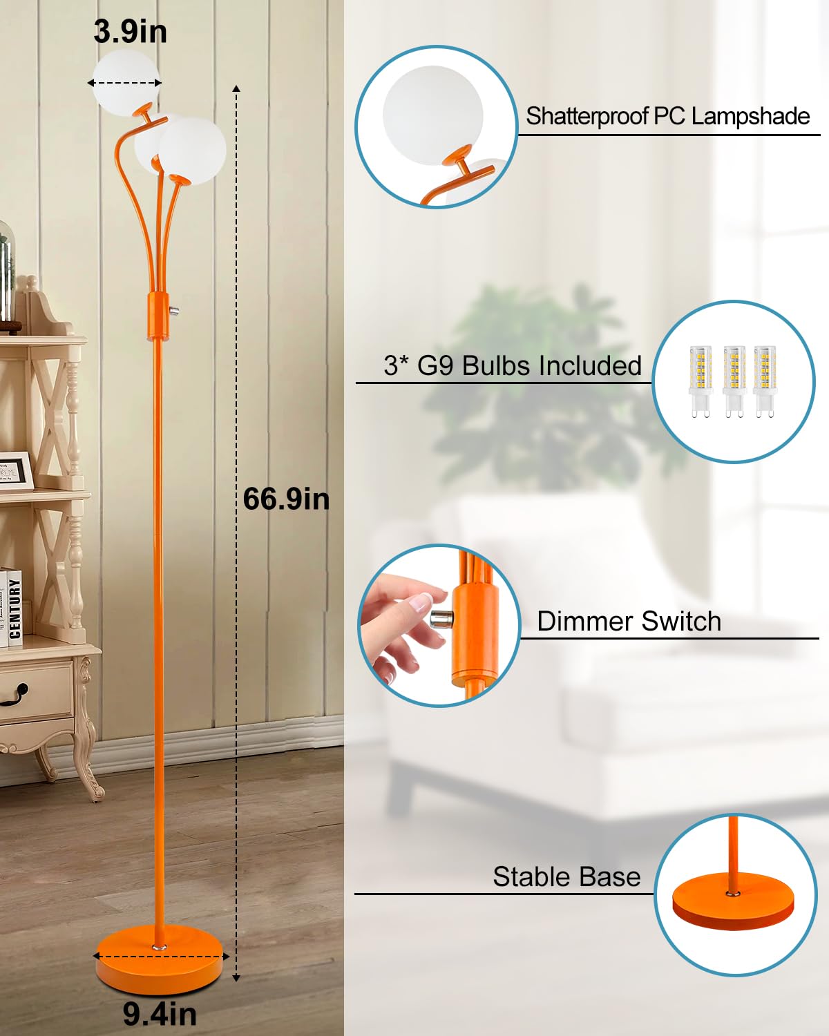 Lightdot Globe Standing Lamps With 3Pcs 3000K G9 Bulbs Stepless Orange Dimmable Floor Lamp With Stable Base 3-Lights Modern Desi
