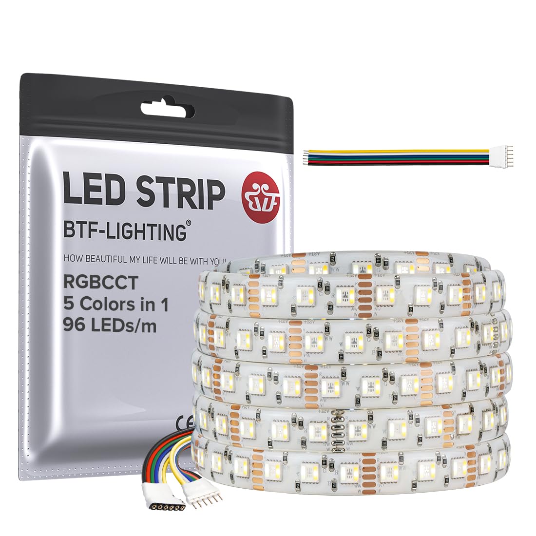 BTF-LIGHTING LED Tape Lights RGBCCT 5 Colors 5050SMD 16.4ft 480LED IP65 White PCB DC12V