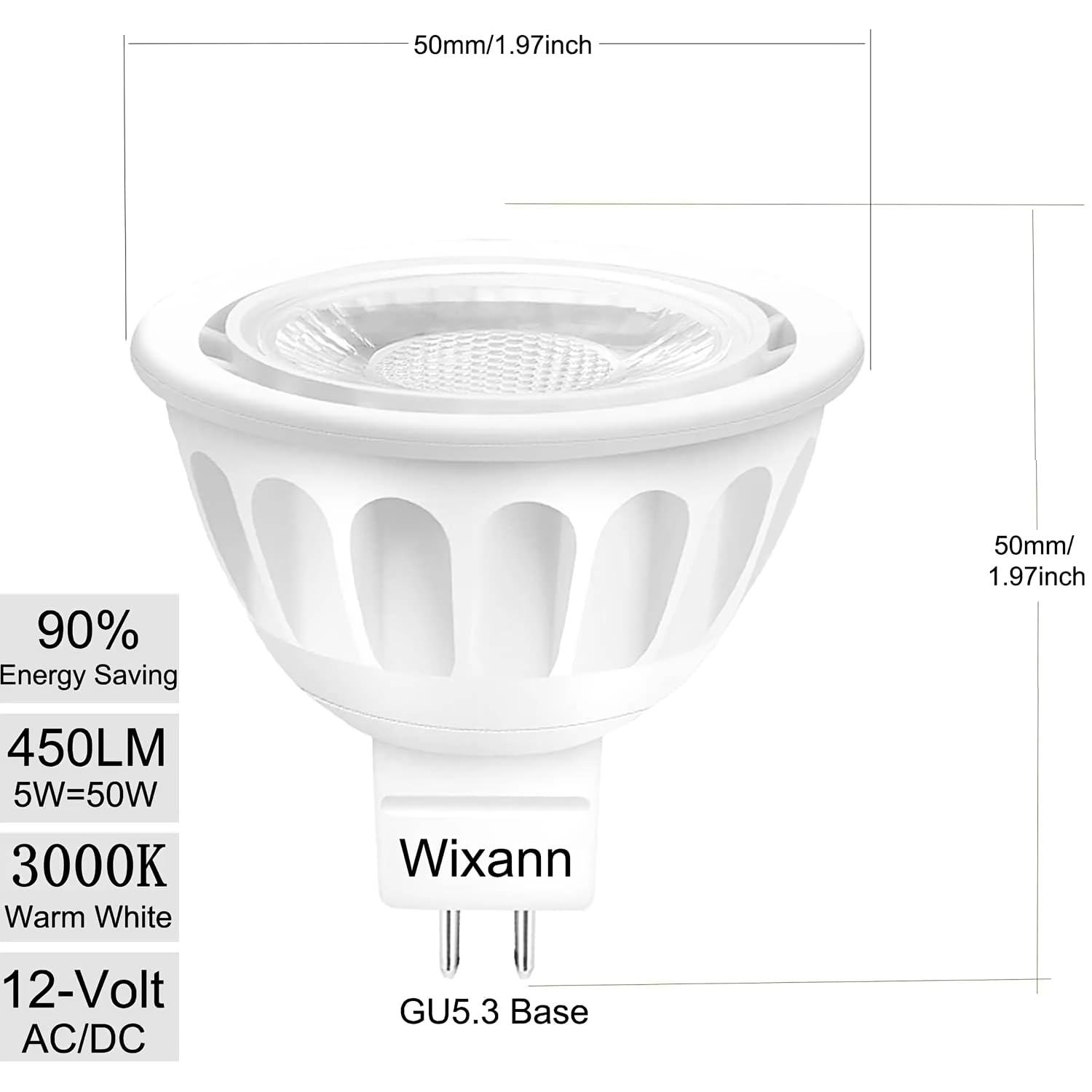 Wixann MR16 LED Bulb 5W 12V 3000K Soft White 450Lm GU5.3 Bi-Pin Base 6 Pack - Not Dimmable