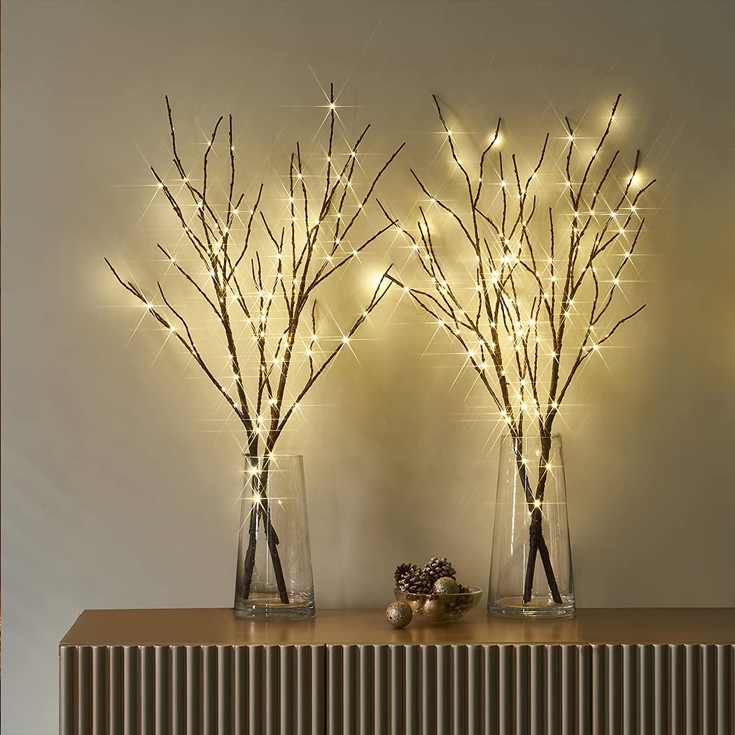 Fudios Battery Operated Branch Lights with Timer, 100 LED, 32IN, Brown, 2 Sets for Indoor Outdoor Decor