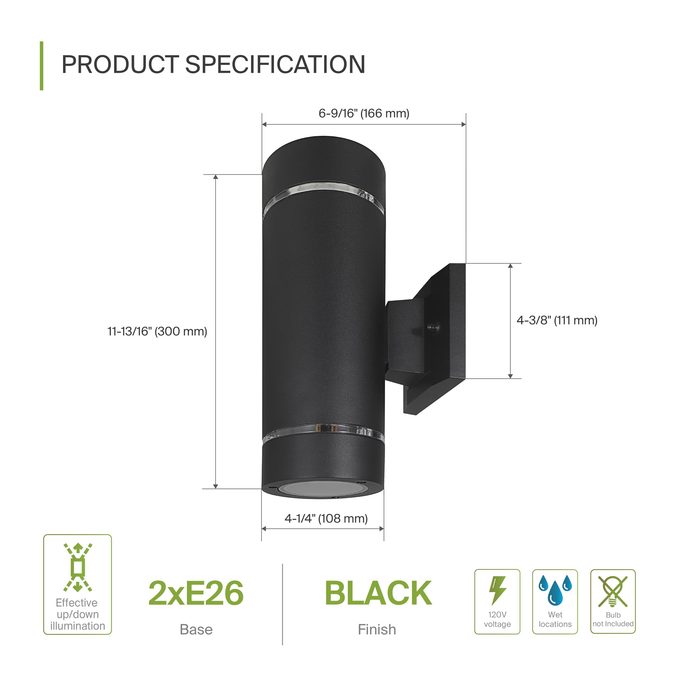 ASD 2-Way Round Wall Light Fixture, Dimmable, Waterproof, Black, Model A-OCLR-2B-BK