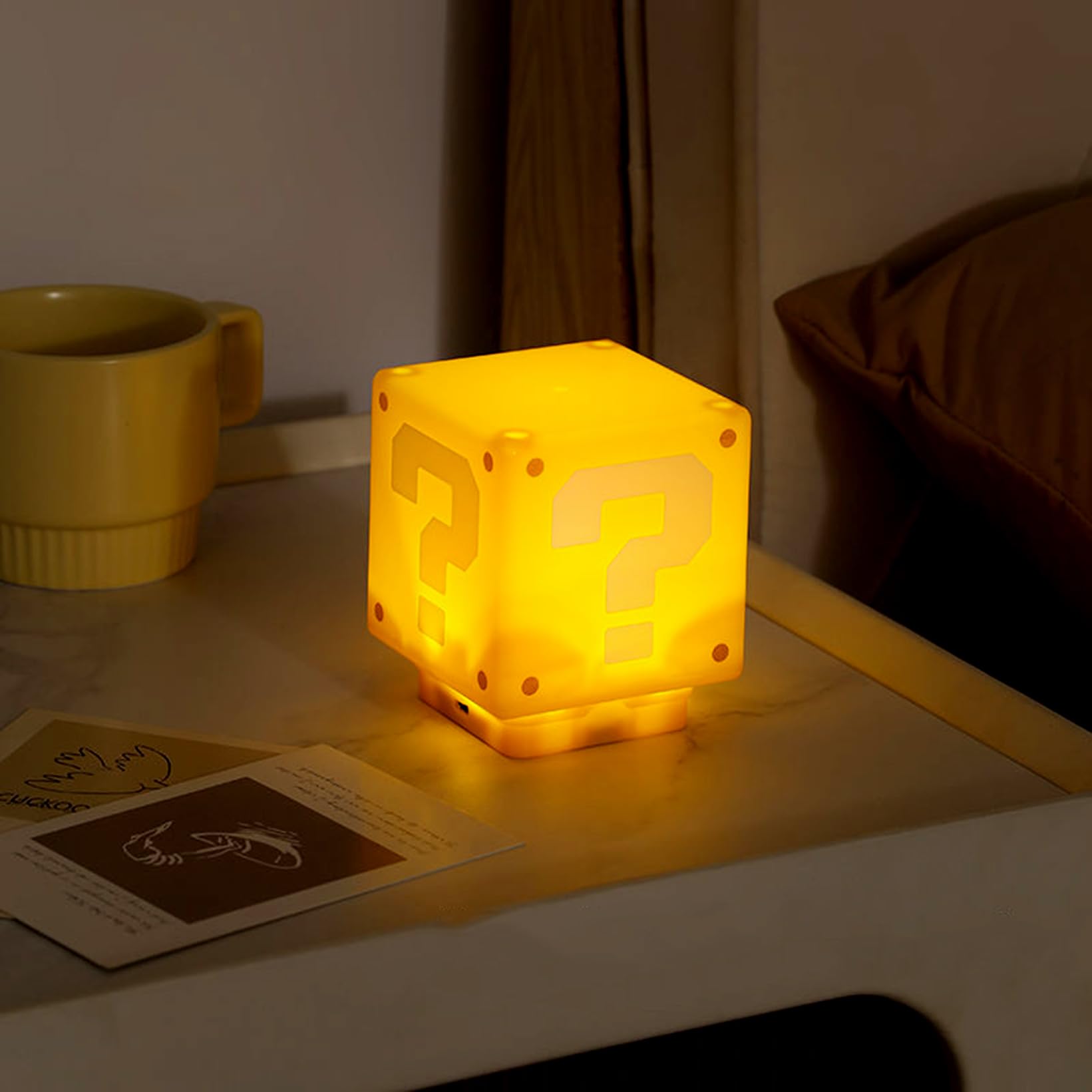 hopanrel Super Bros Question Block Lamp - Square LED Night Light with USB Cable, Yellow, HR-question lamp, Coin Sound Effect for Kids