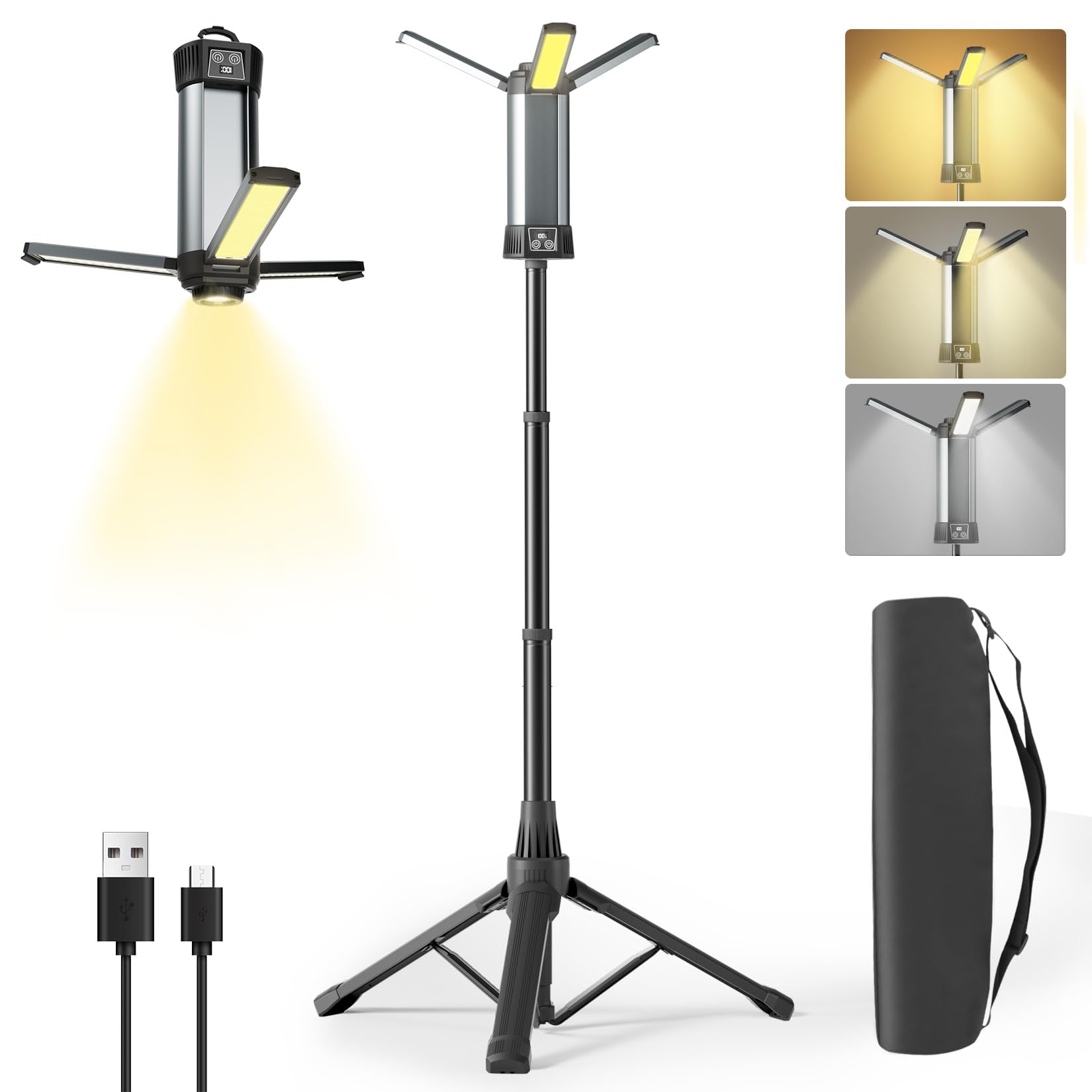 Rechargeable LED Work Light with Stand, Cordless Camping Light with Portable Telescopic Bracket, 6AH Battery, 2000Lumen Outdoor 