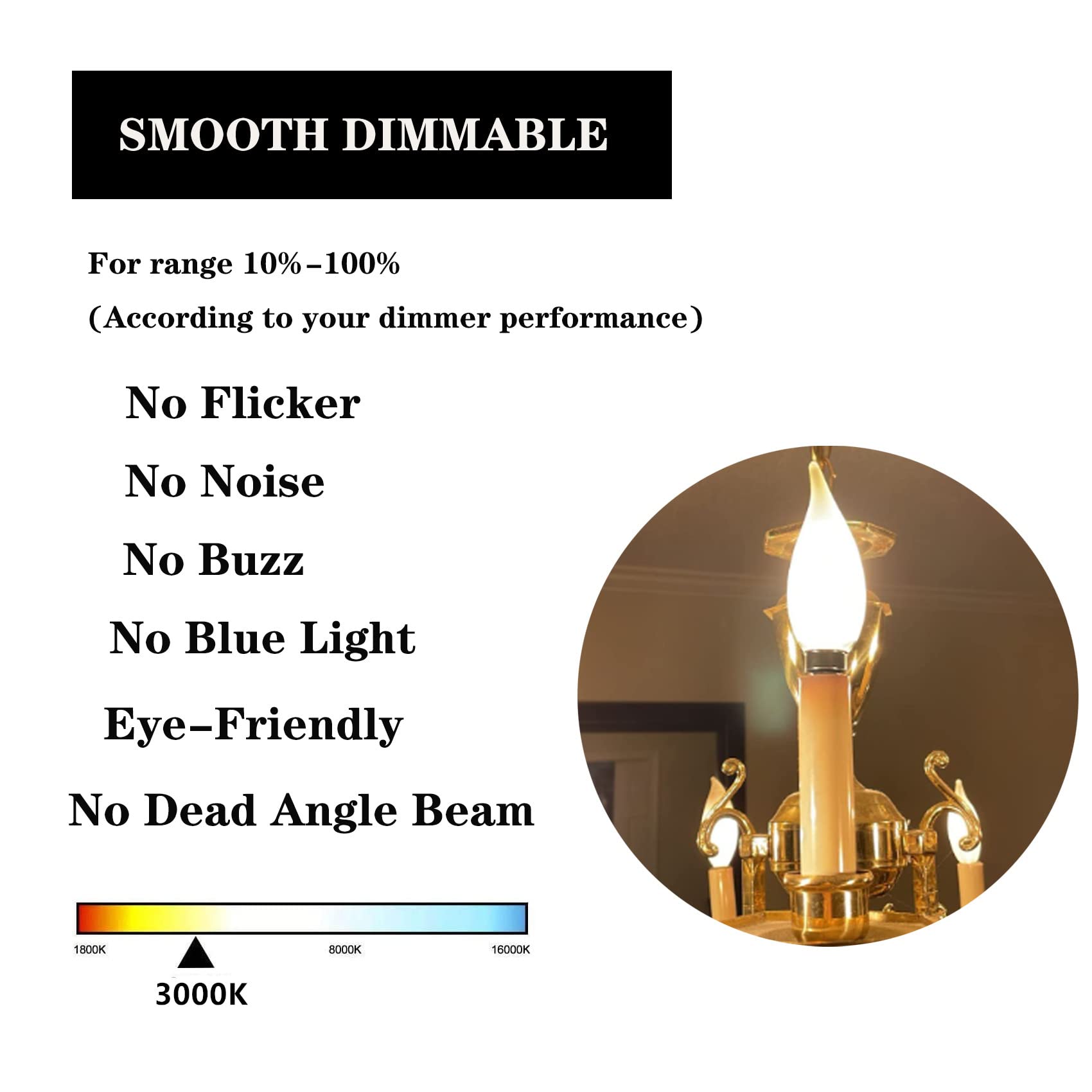 Frosted Led Candelabra Bulbs 60 Watt Flame Tip Chandelier Light Bulb, 6W Smooth Dimmable 3000K Soft White Frosted Glass With E12