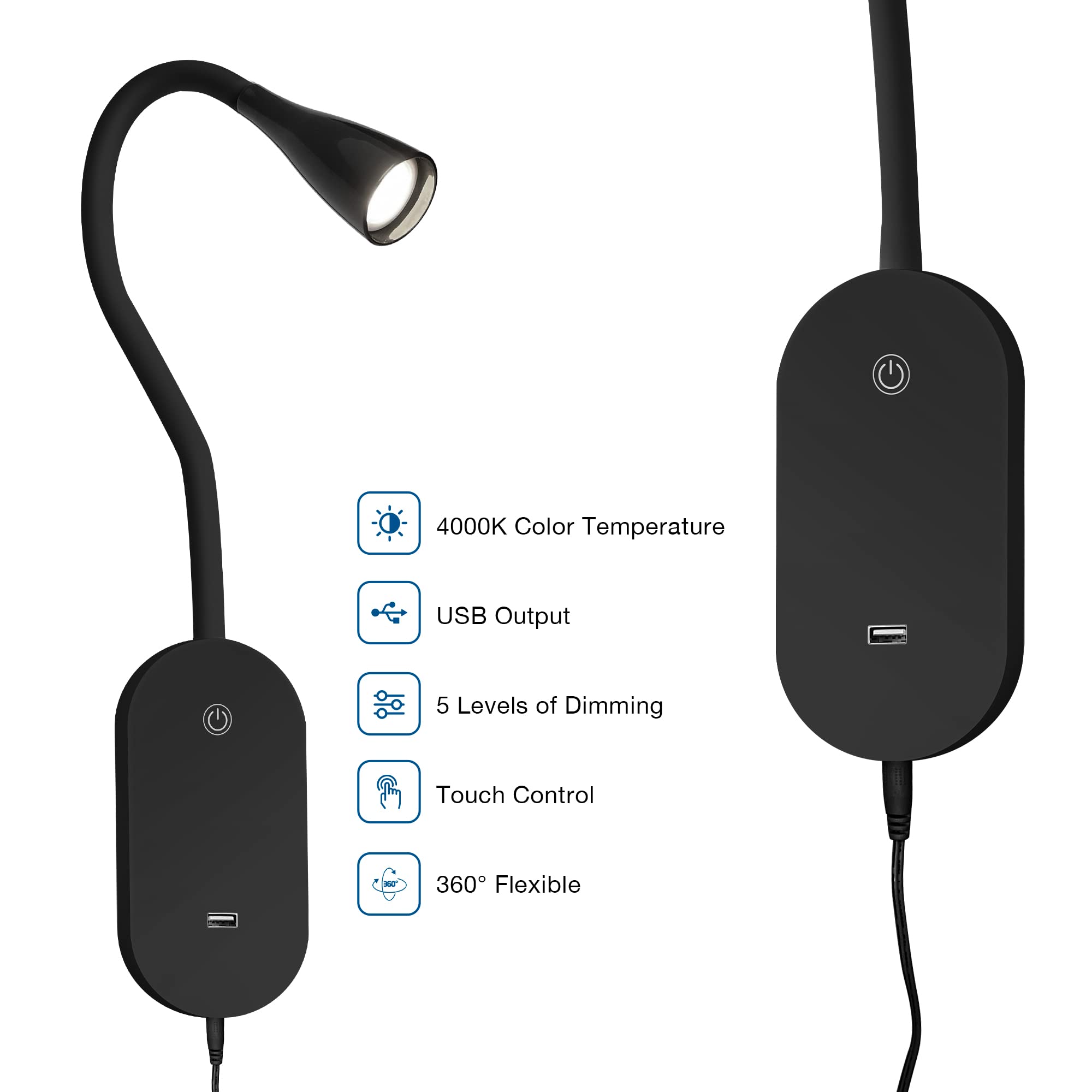 TOPMB Wall Reading Light, Touch Control, 5 Dimmable LED, Gooseneck, Black, Model WD6103-B1