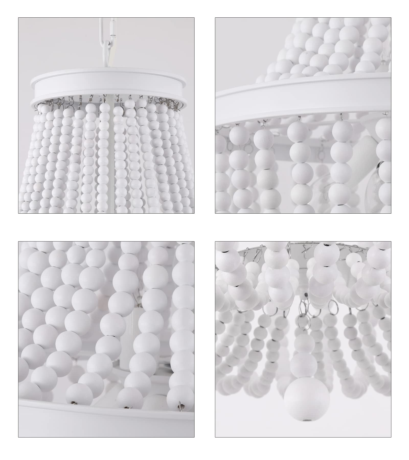 Q&S 8-Light Beaded Chandelier, White Wood & Iron, Vintage Boho Light Fixture for Dining Room, Nursery, Kitchen, UL Listed