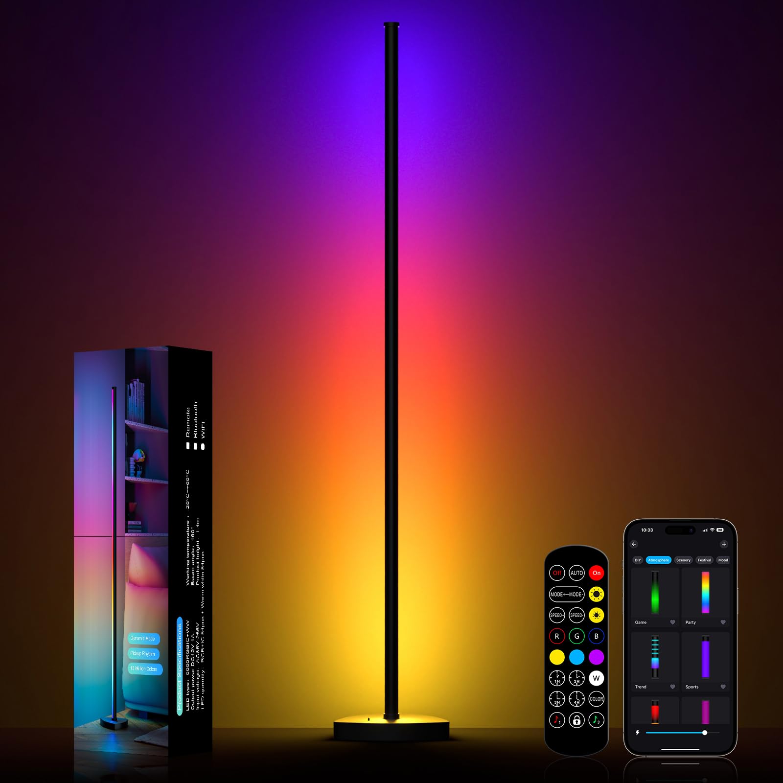 RGB IC Corner Floor Lamp, LED Corner Lamp with APP and Remote Control, 16 Million DIY Color with Music Sync, Warm White Floor Li