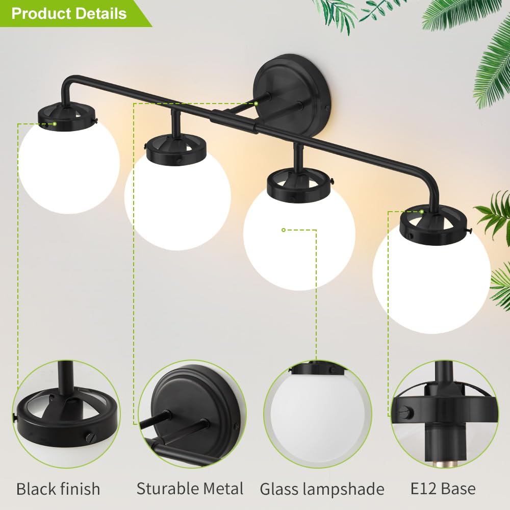 Deyidn Bathroom Light Fixtures Over Mirror, 4-Light Matte Black Vanity Lighting With Milk White Glass Globe Shades Modern Wall S