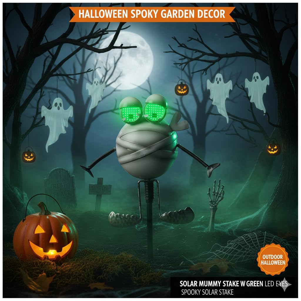 YHSOLAR Halloween Pathway Lights, 38.2in Mummy Lawn Stakes with Solar Eyeball Lights, Metal Decor for Outdoor Halloween Decorations