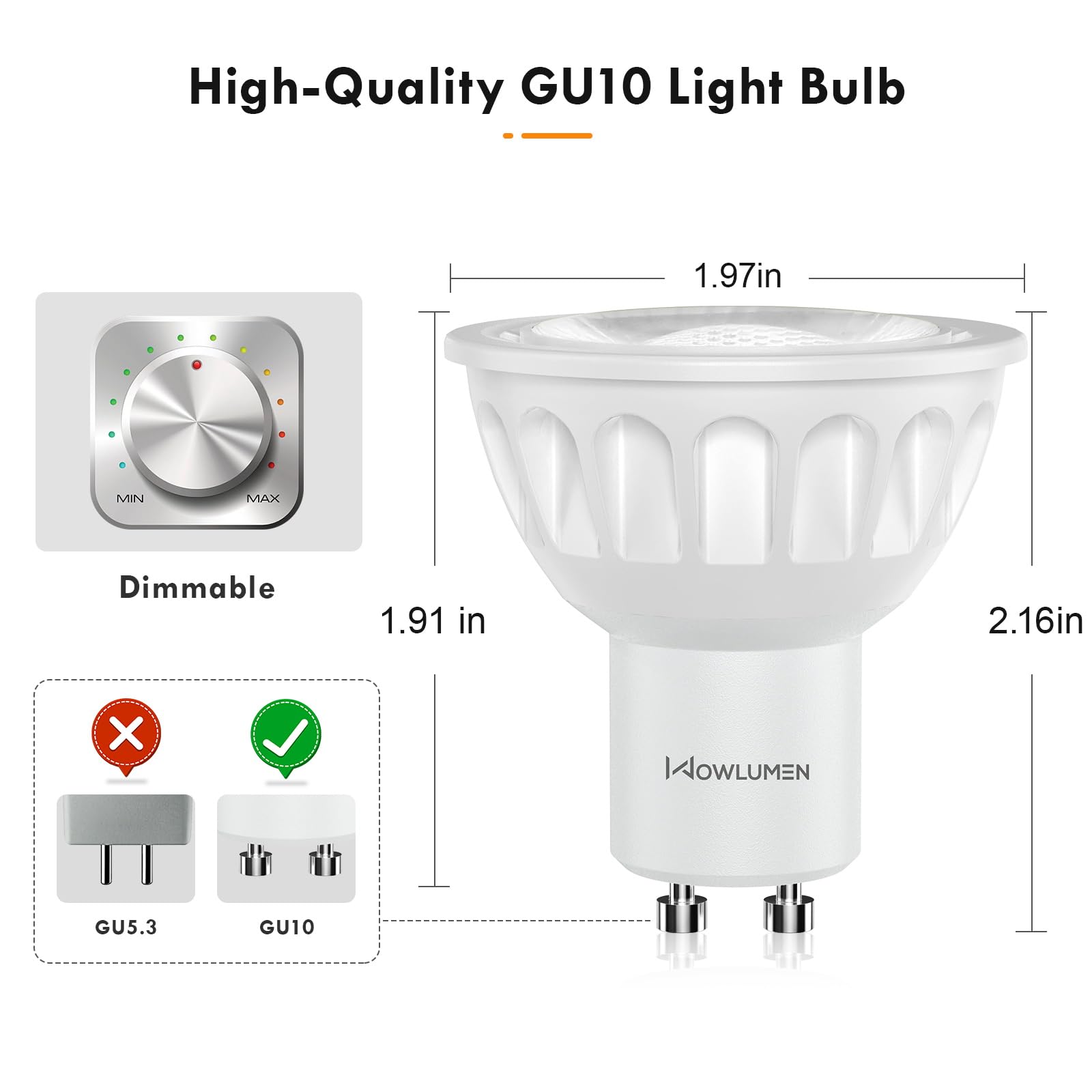 Wowlumen Dimmable Gu10 Led Light Bulbs, Mr16 Gu10 Base Bulb Replacement For Recessed Track Lighting, 3000K Warm White 5W 500Lm 4