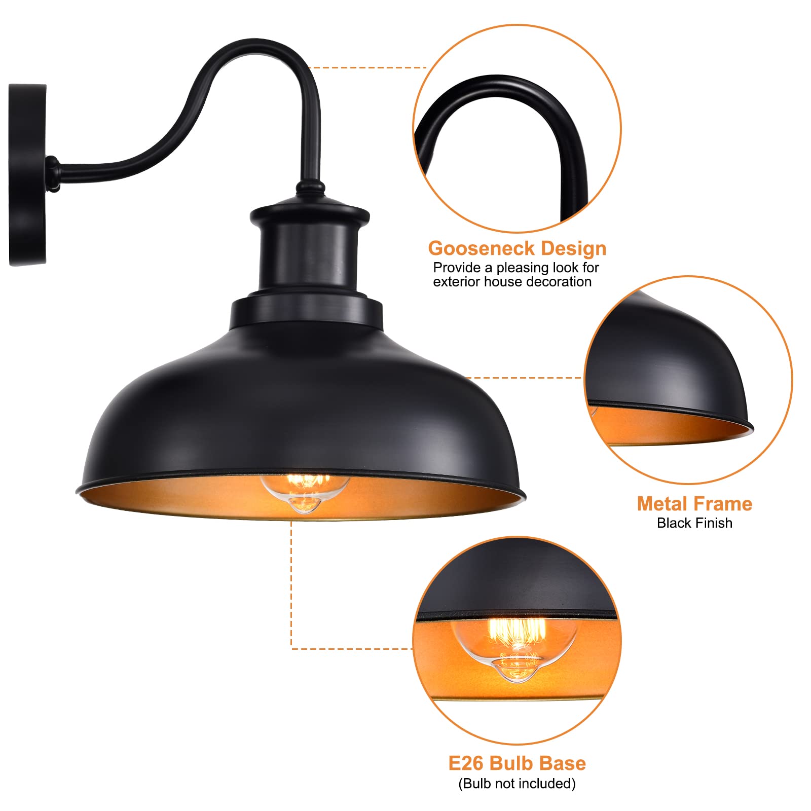 Diyel Outdoor Gooseneck Barn Light - Industrial Black Iron Wall Sconce for Porch and Entryway, 1 Pack, Not Dusk to Dawn