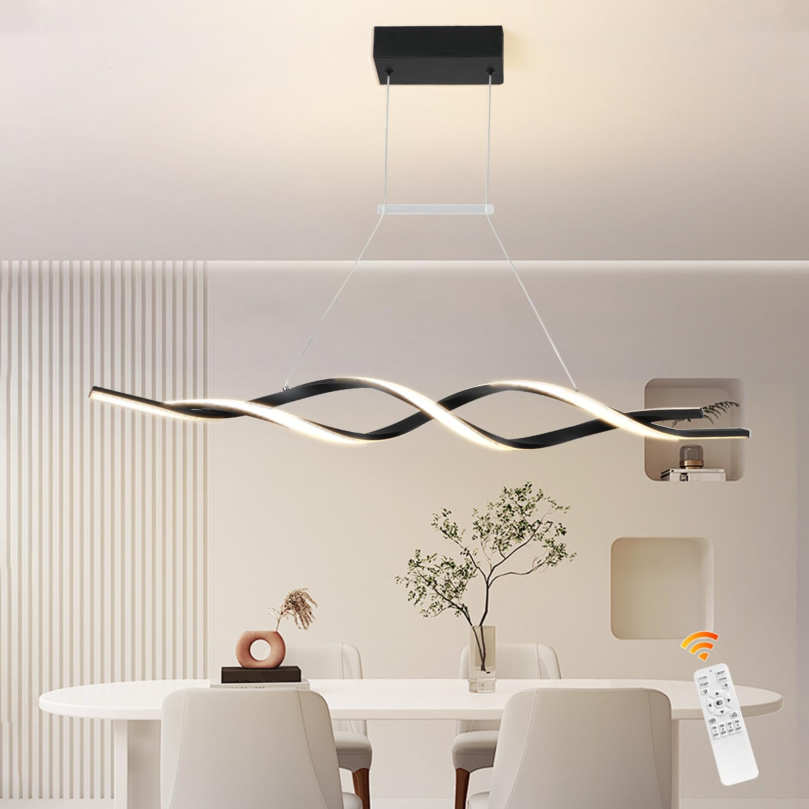 Jaycomey Dimmable Led Chandelier, Acrylic Wave Light With Remote, 28W, Black, 3000K-600