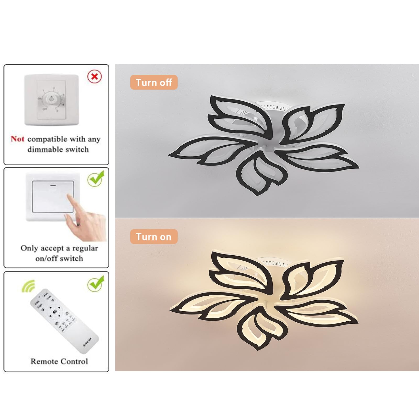 Garwarm Led Ceiling Light Fixture, 60W Modern Leaves Ceiling Lamp Dimmable Black Flush Mount Ceiling Chandelier For Living Room