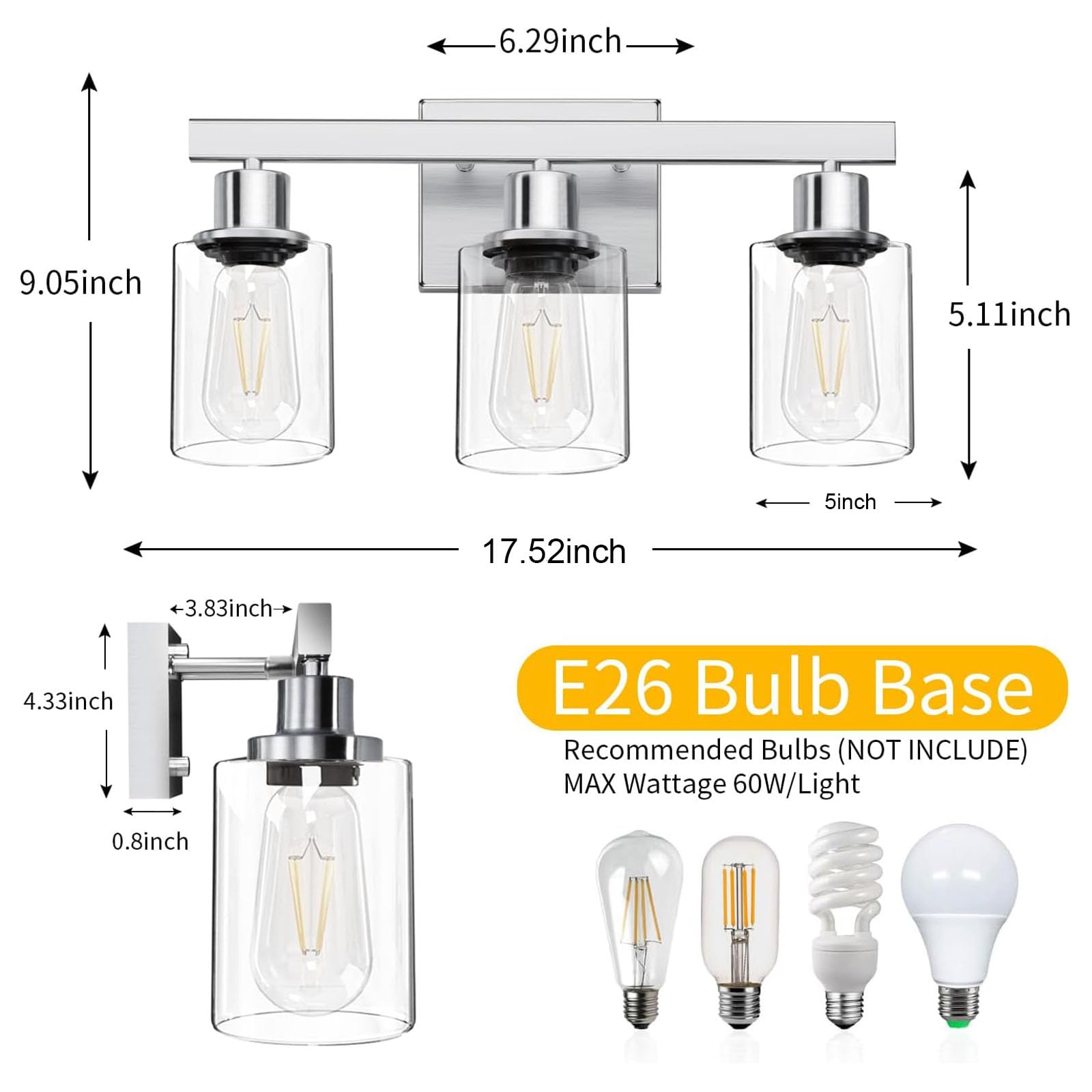 DIKAIDA 3-Light Bathroom Vanity Light Fixture, Nickel Metal with Clear Glass Shades, Model NS-3
