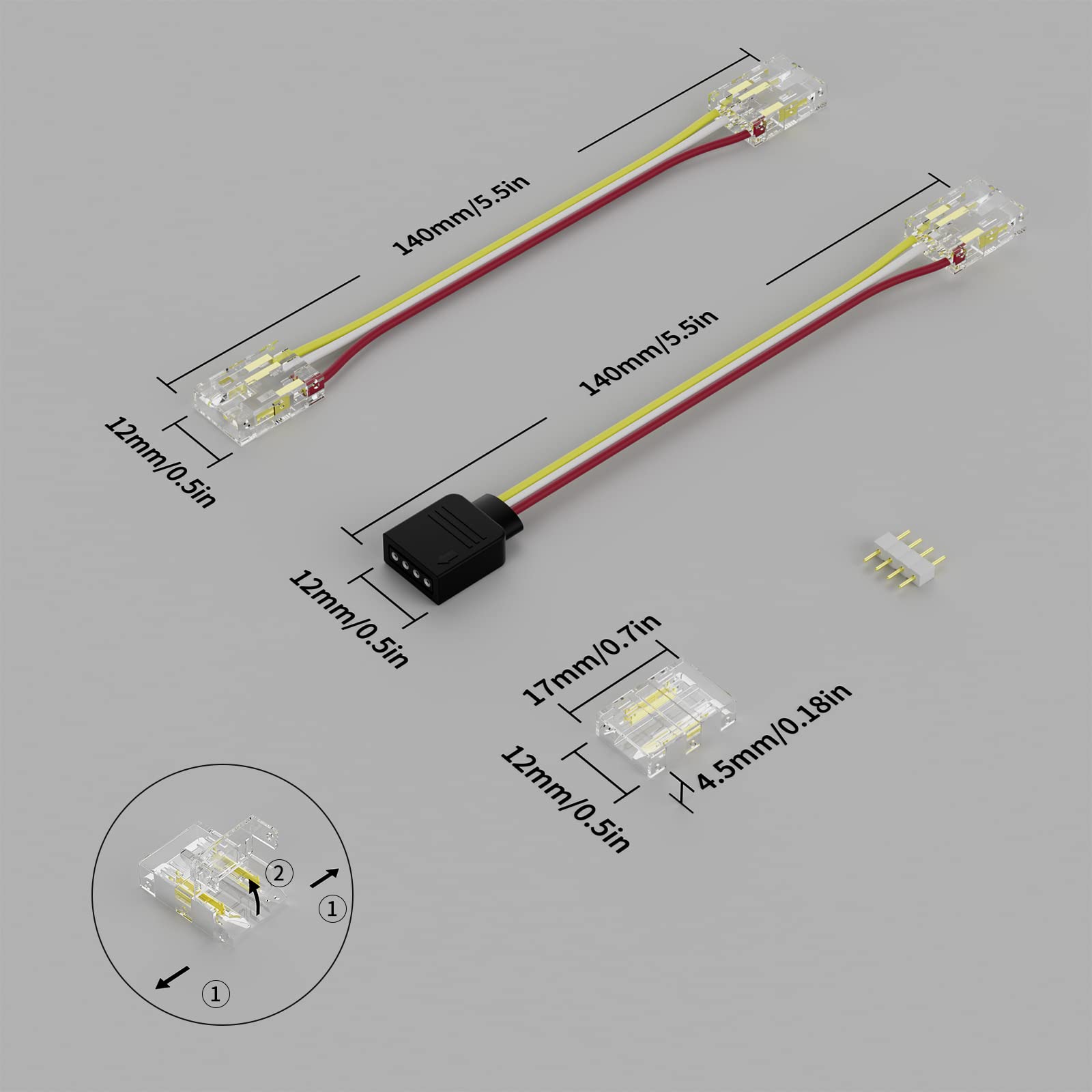 PAUTIX 10mm LED Strip Connectors Kit - 4 Dual End Solderless Connectors, 2 DC Plug Wires, Warm & Bright White, Connector Kit