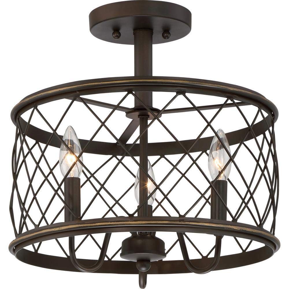 Deluxe Lamp Trellis Cage Semi Flush Mount Light - 3 Light Industrial Style, Metal, Aged Bronze, 15.57 Inch Diameter