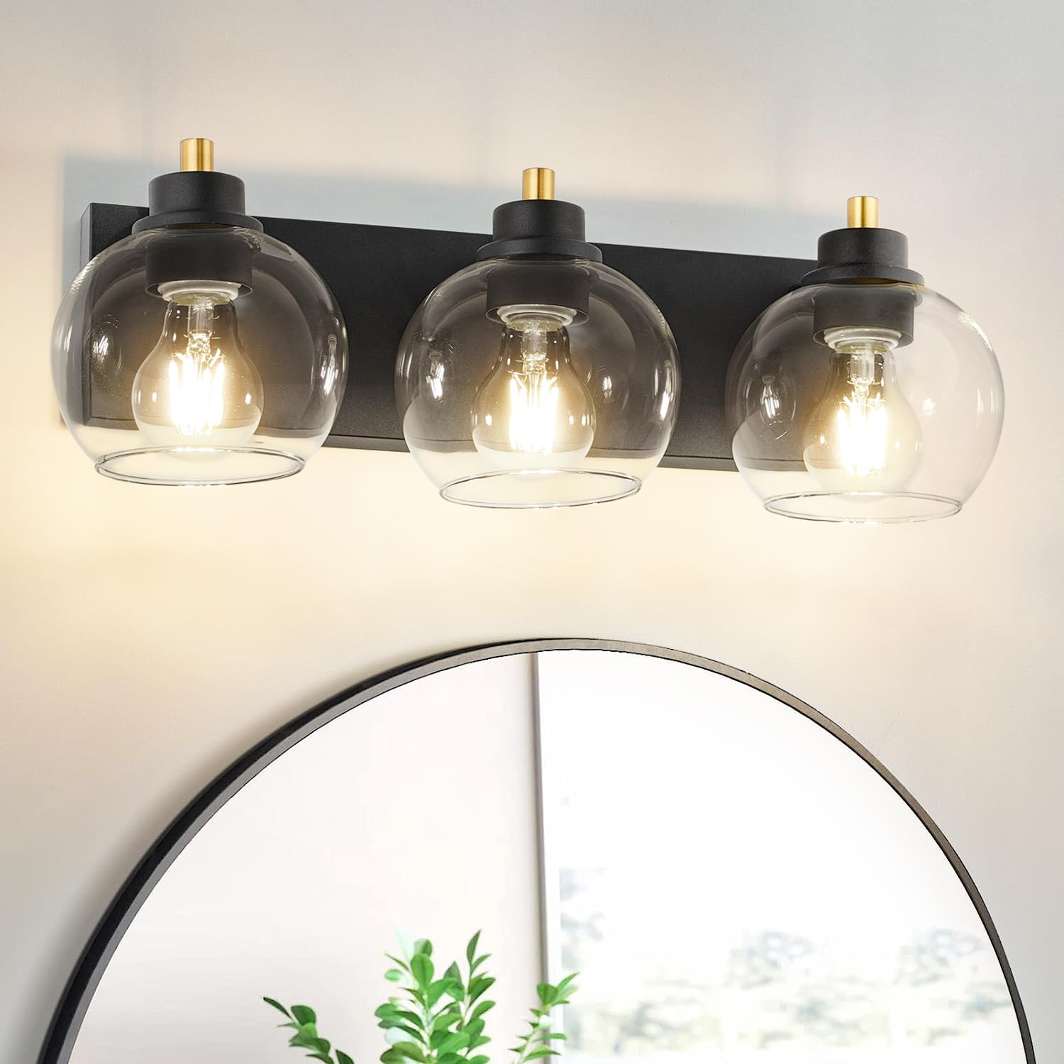 Tuscarora 3 Light Bathroom Vanity Light, Black And Gold Bathroom Light Fixtures Over Mirror, Modern Vanity Light With Clear Glass Shade, Black Wall Sconce For Bathroom, Bedroom
