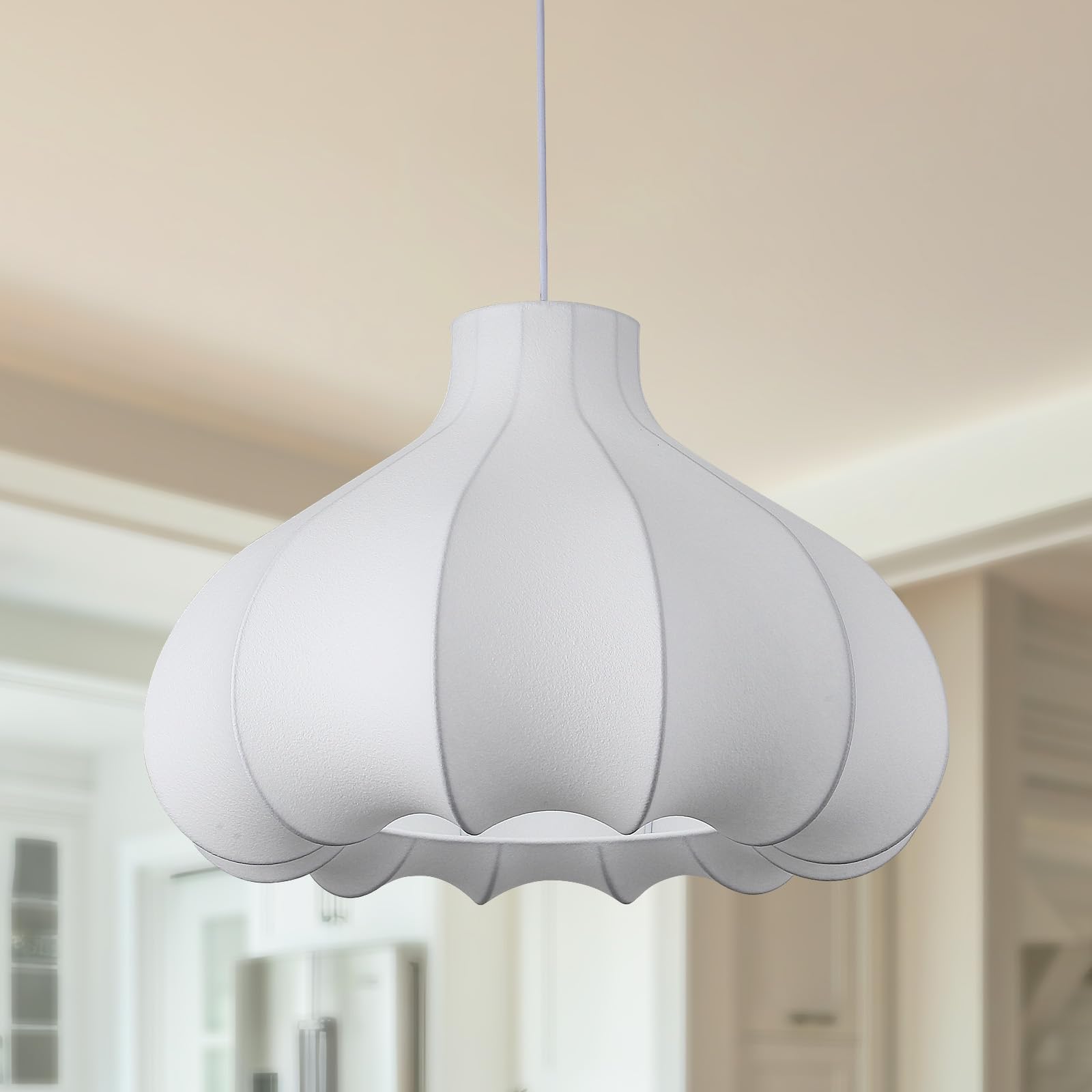 Fivemengo 20In Lantern Pendant Light, Flower Bud Imitation Silk Lampshade, White Bubble Pendant Light, Large Hanging Lamp Chande
