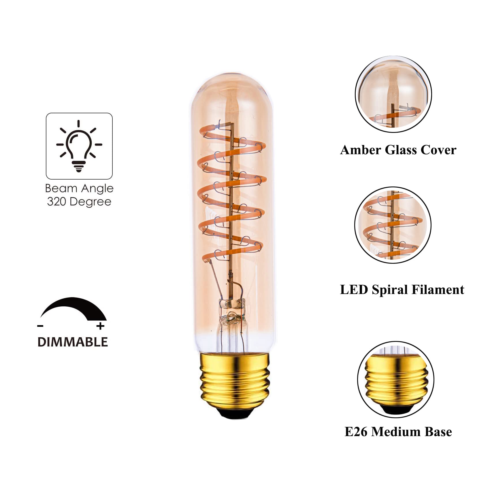 T10 Led Bulbs 40 Watt Equivalent 4W Dimmable Edison Tubular Light Bulb E26 Medium Base 2700K Warm White, T10 Vintage Amber Glass