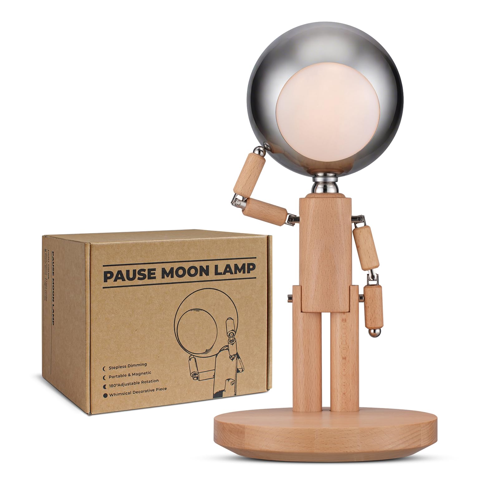 Vadifula Pause Moon Lamp, Creative Wood LED Desk Lamp, Unique Decorative Lighting for Bedroom, Lamps for Night Stands, Rechargea