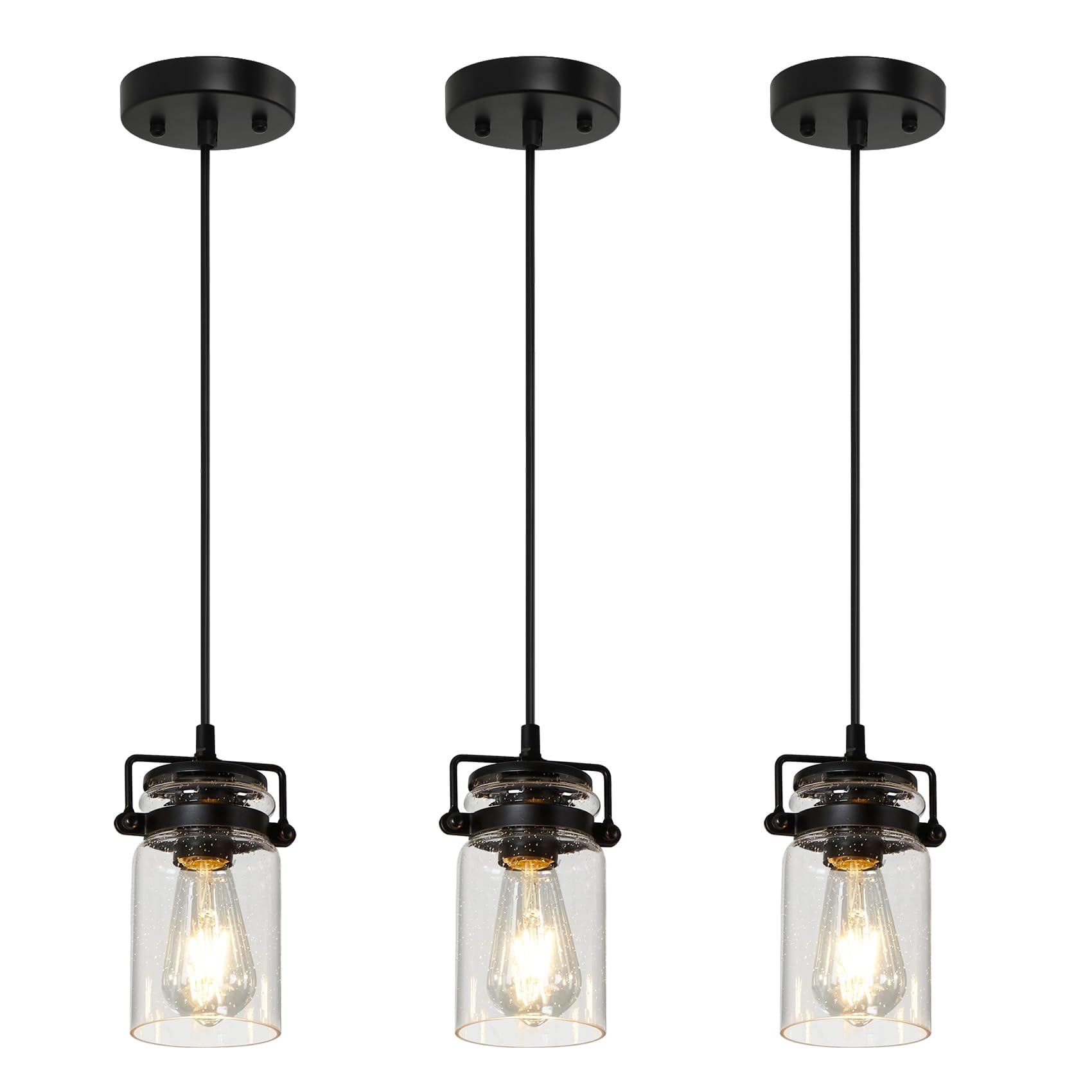 Industrial Pendant Lighting For Kithen Island  Black Pendant Light Fixture With Clear Glass Shade  Modern Mini Ceiling 3 Light Fixture Adjustable Kitchen Island Lighting(E26 Base)