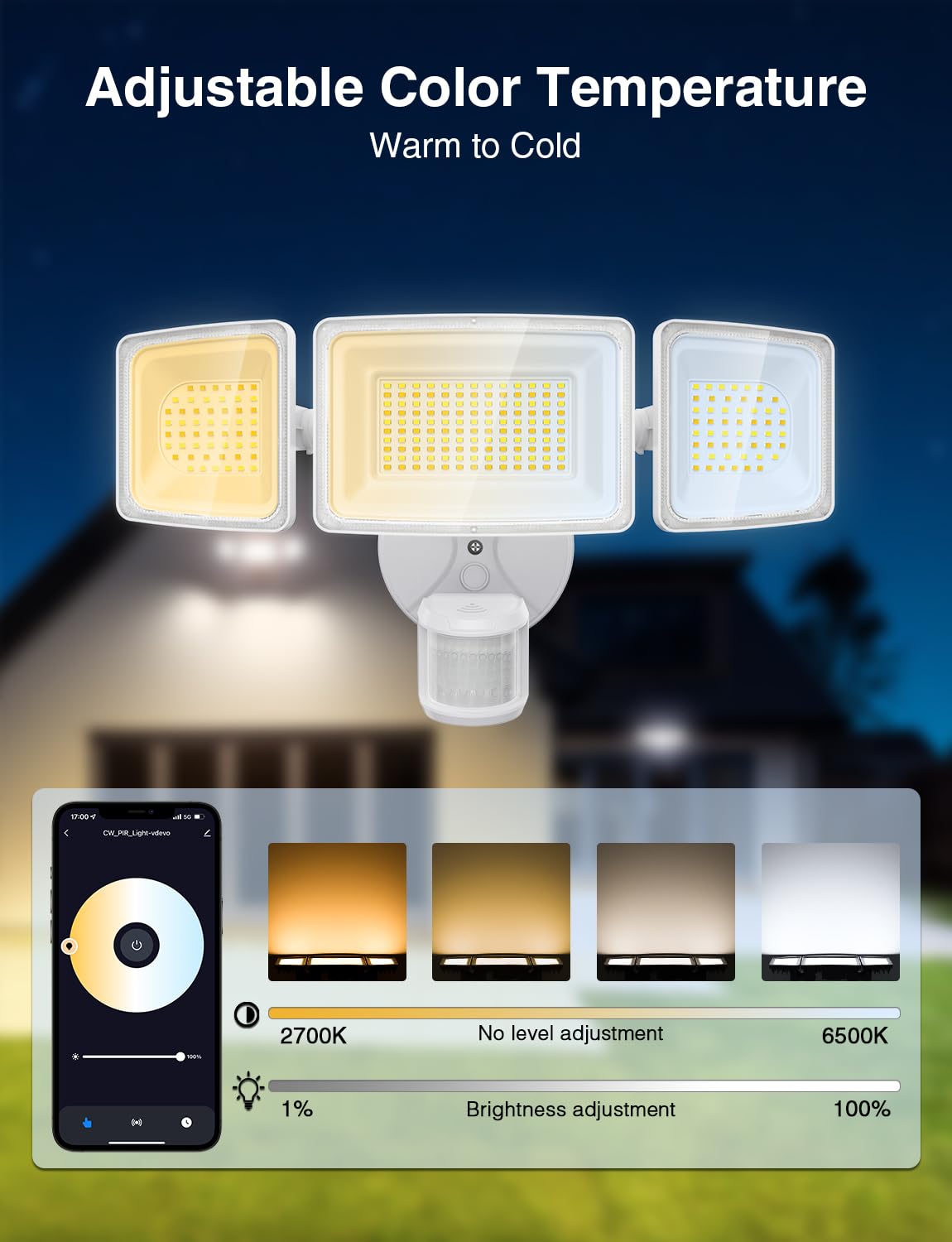 Onforu 100W Smart LED Security Light, 9000LM Motion Sensor, WiFi Alexa Control, Adjustable 3 Head, IP65 Waterproof, White