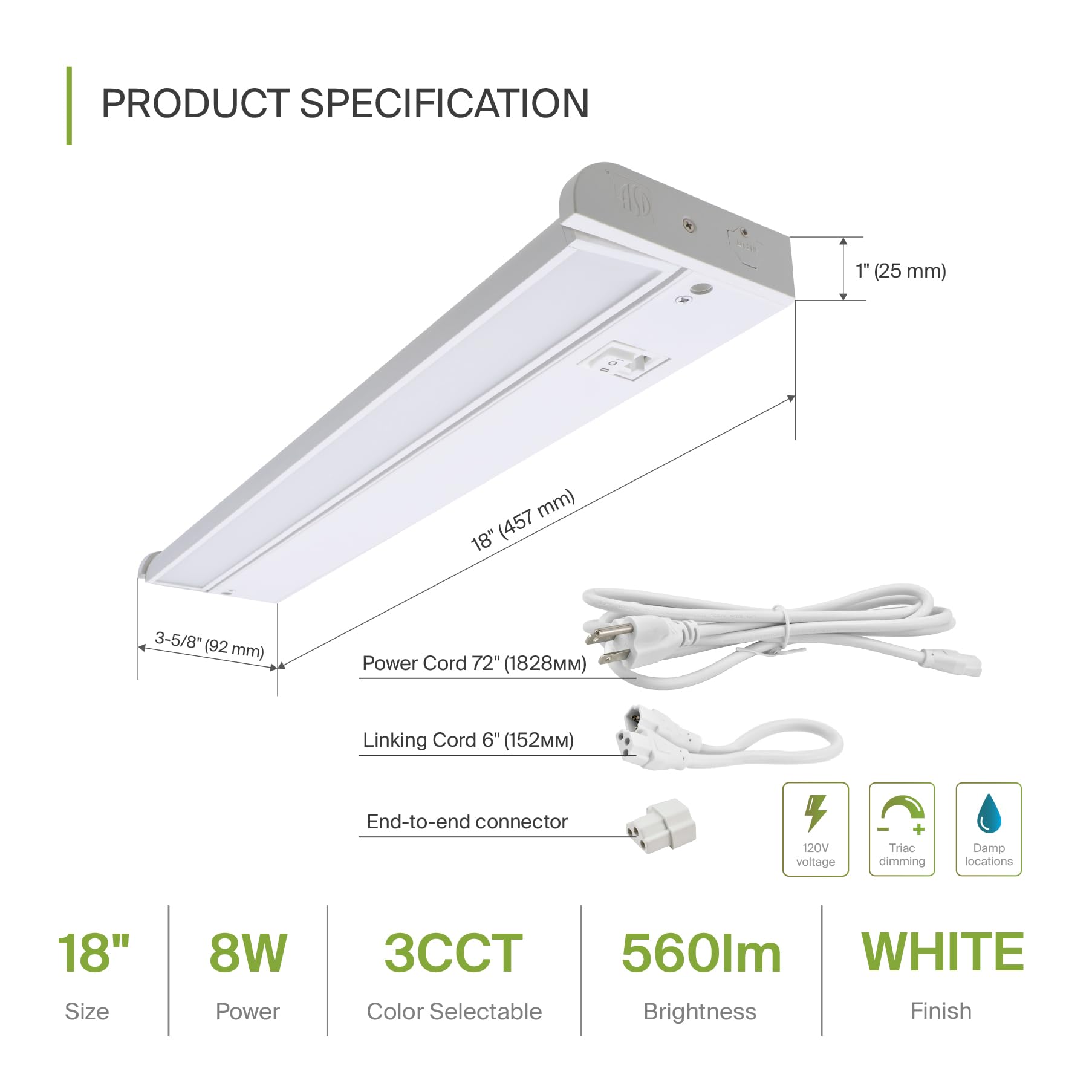 ASD Swivel LED Under Cabinet Light, 18 Inch, Dimmable, 8W, Hardwired/Plug-in, 2700K/3000K/4000K, Aluminum