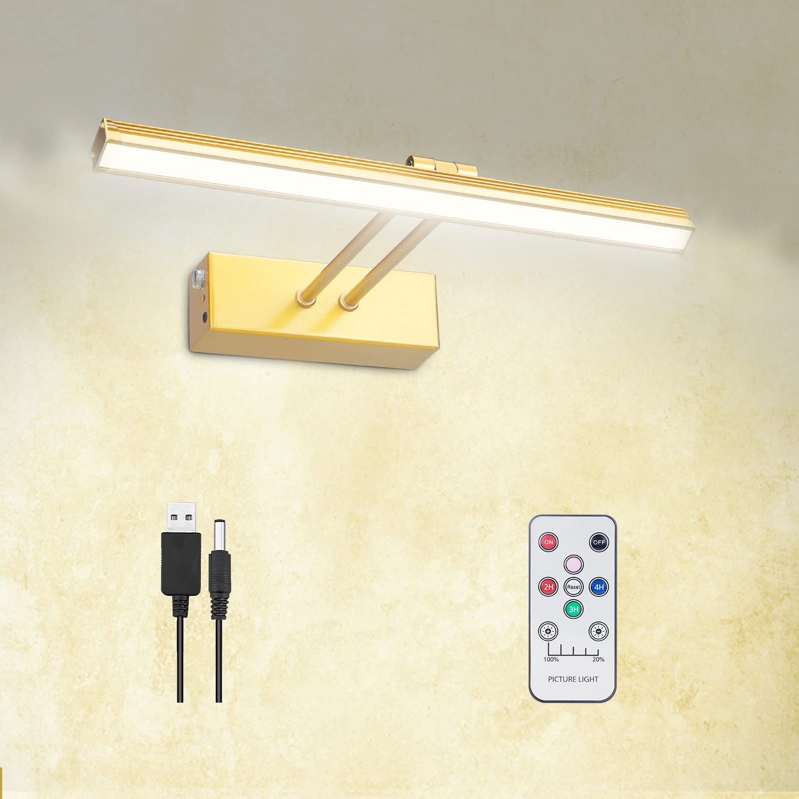 Funchday Wierelss Picture Light, 13Inch Picture Light Battery Operated,Remote Control Painting Light With Timer And Dimmable, Full Metal Art Light For Display,Wall,Artwork,Portrait,Gallery (Brass)