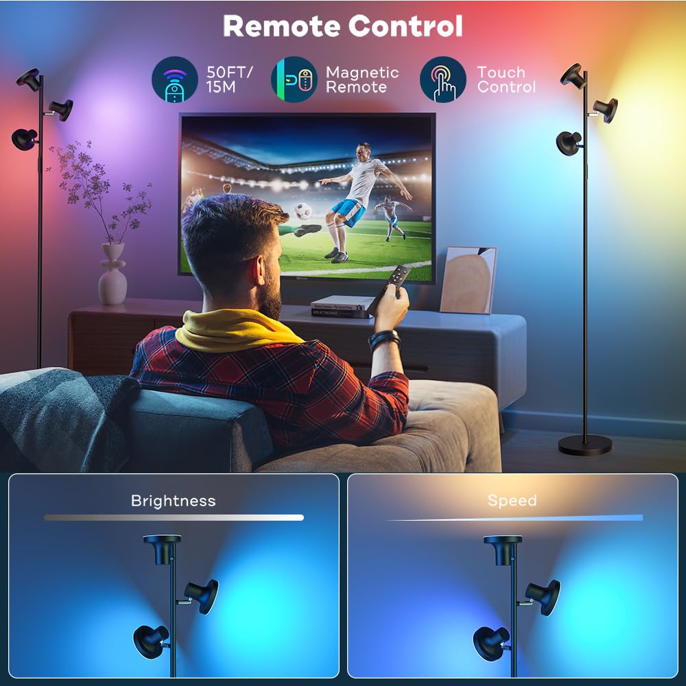 SIBRILLE RGB Floor Lamp, 36W LED Standing Lamp with Remote, Dimmable, Black, Model FLH-036-R1