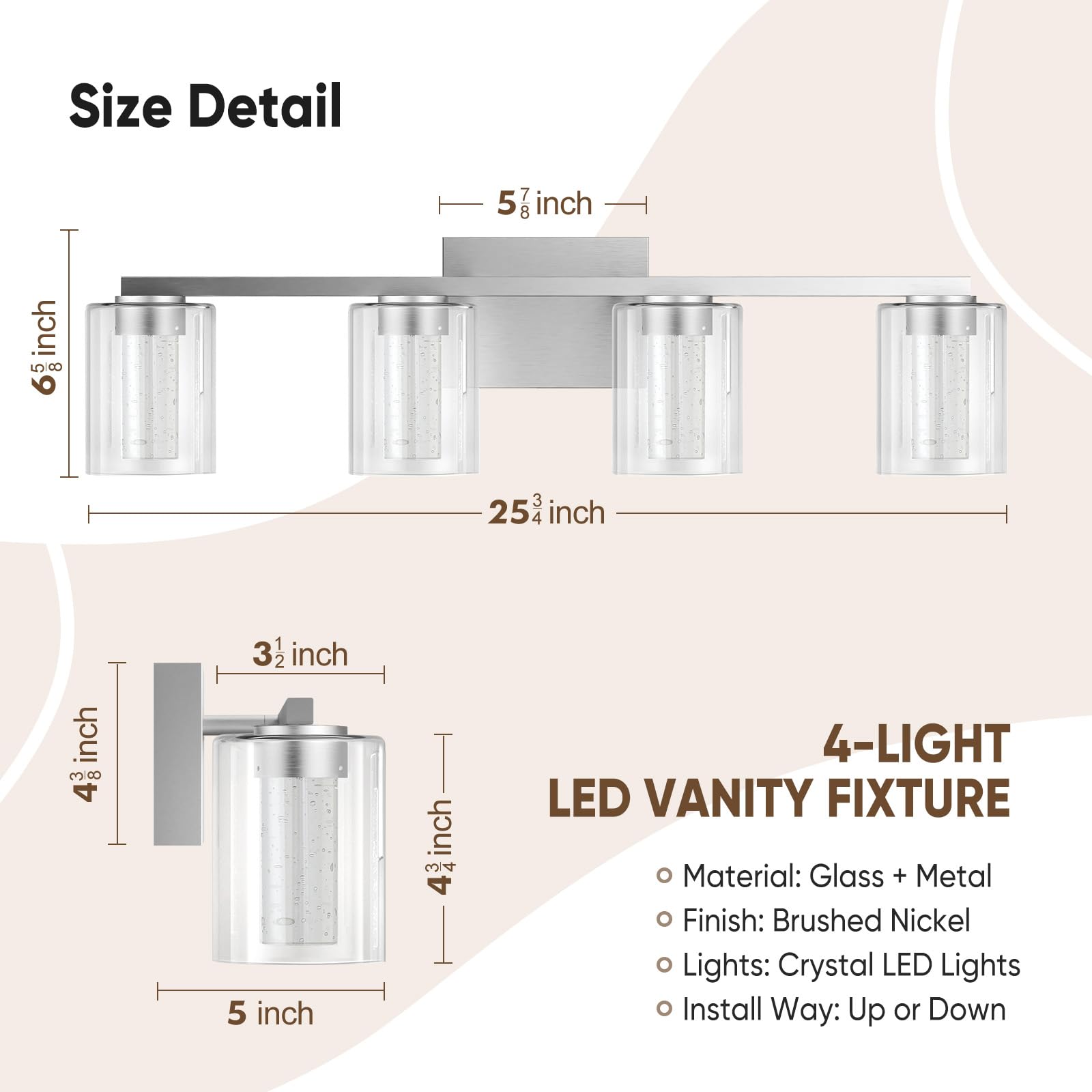 Led Modern Bathroom Light Fixtures Over Mirror, 4-Light Brushed Nickel Vanity Lights With 5 Color Modes, Dimmable Bathroom Vanit