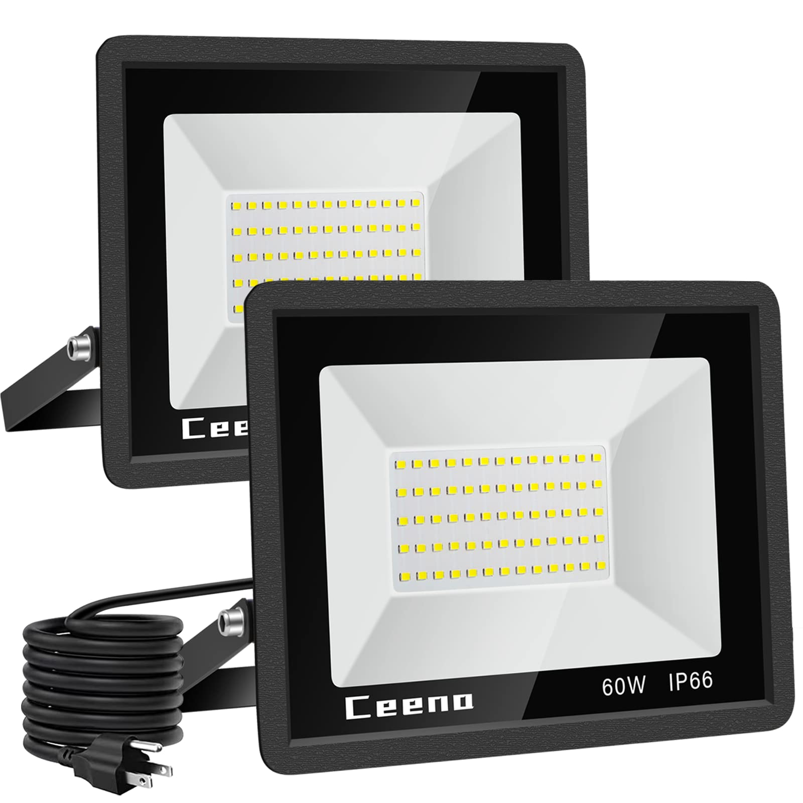 Ceena 2 Pack 60W Plug in LED Flood Light Outdoor, 6000lm Super Bright Floodlight with 5.9FT Wire, IP66 Waterproof 6000K LED Work