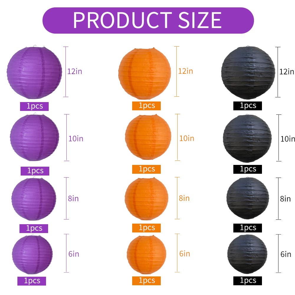 Beishida 12Pcs Orange Purple Black Paper Lanterns Decorative Chinese/Japanese Hanging Round Paper Lanterns Lamp For Halloween Birthday  Wedding  Christmas  Bridal Home Decor  Party Decoration
