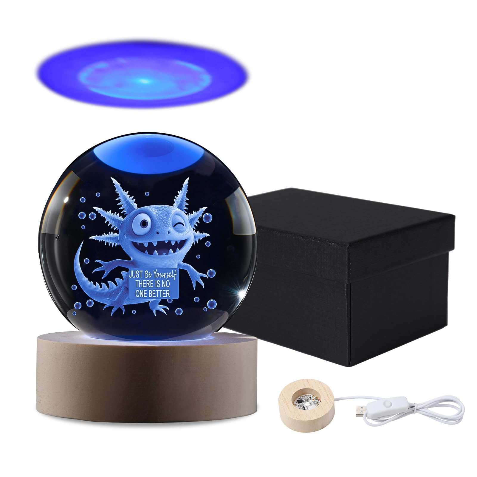 YummyCarrot 3D Axolotl Light up Crystal Ball 2.36inch Laser Engraved 5Colors Glass Ball Lamp with Wooden Base for Birthday Gifts  Christmas Gifts  Gifts for Her