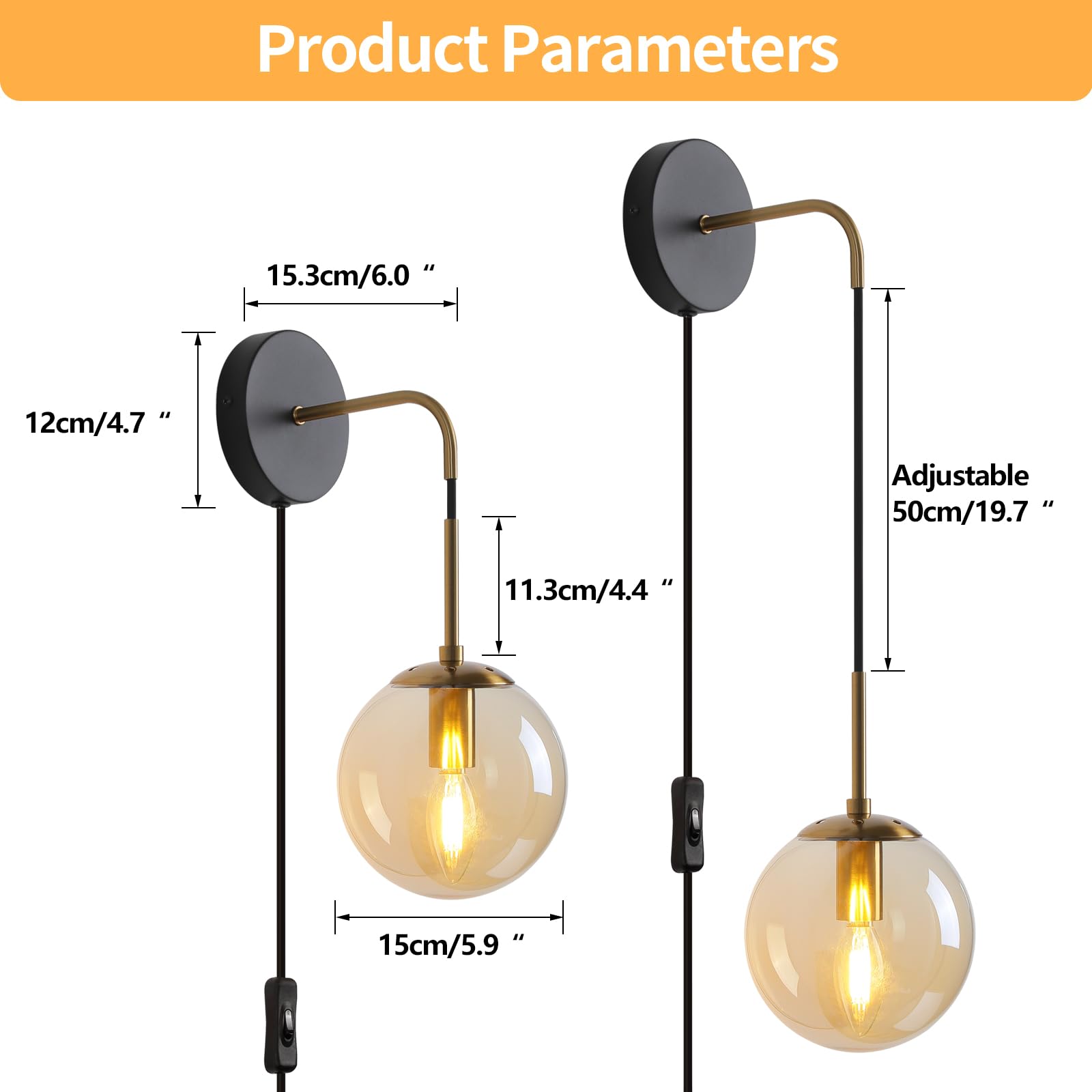 Wall Sconces Set Of Two Black And Brass Gold ?????? Plug In Wall Sconces Set Of 2 With Globe Amber Glass Shade Wall Lights Wall