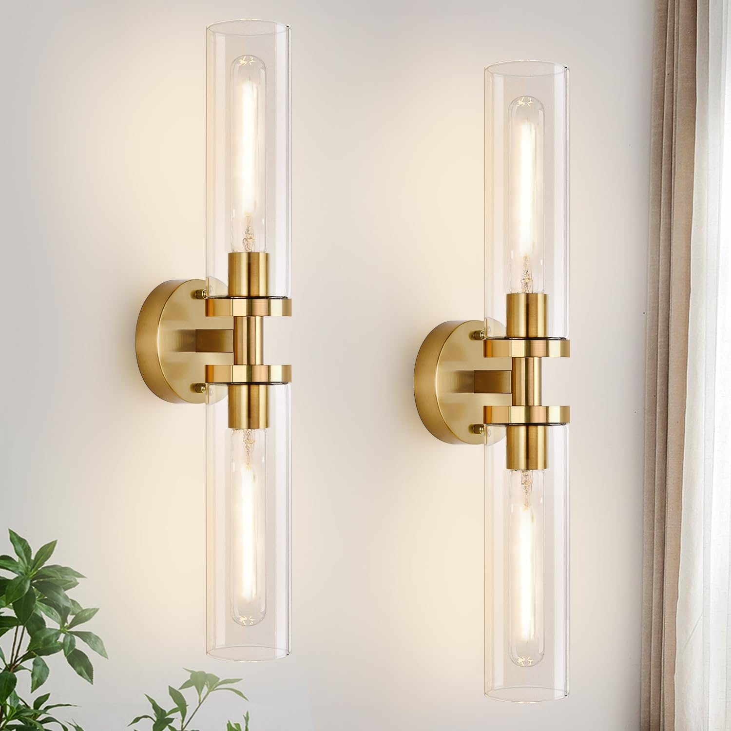 Wall Sconces Set Of Two, Hardwired Brushed Gold Bathroom Sconces Wall Lighting With Clear Glass, Modern Sconces Wall Decor Set O
